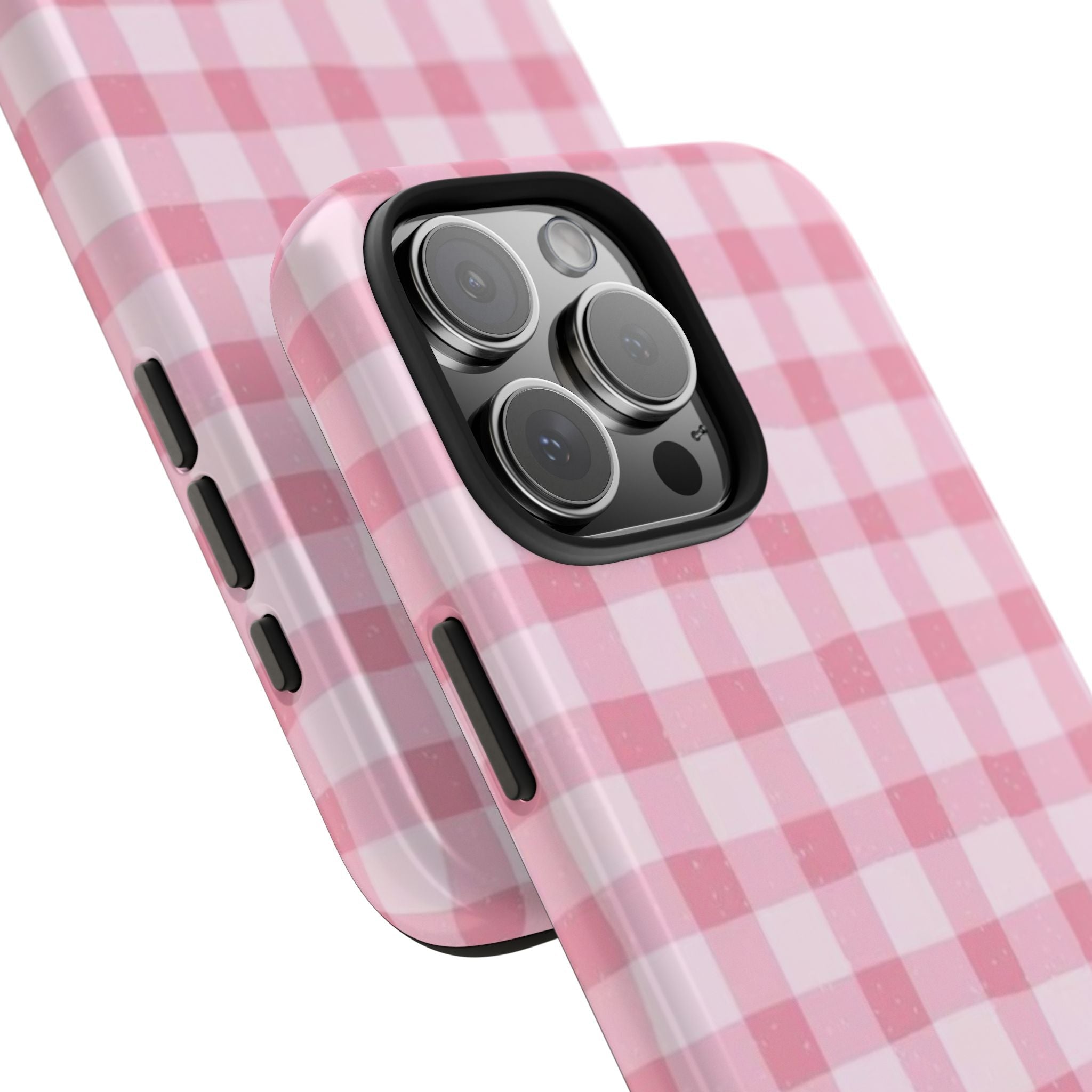 Pink gingham phone case showing side grip cutouts and dachshund puppy camera area
