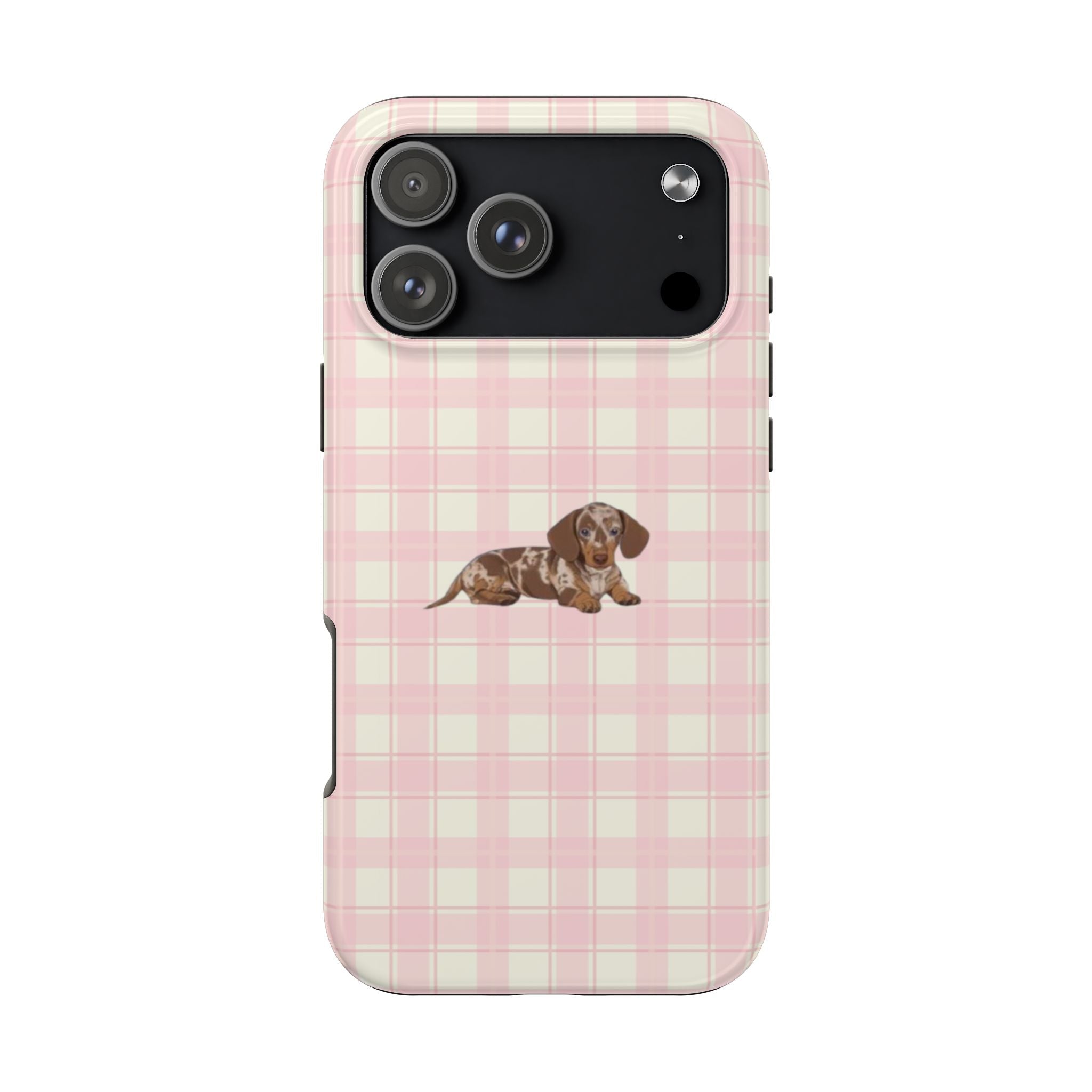 Pink gingham phone case with dachshund graphic on back, side buttons and cutouts
