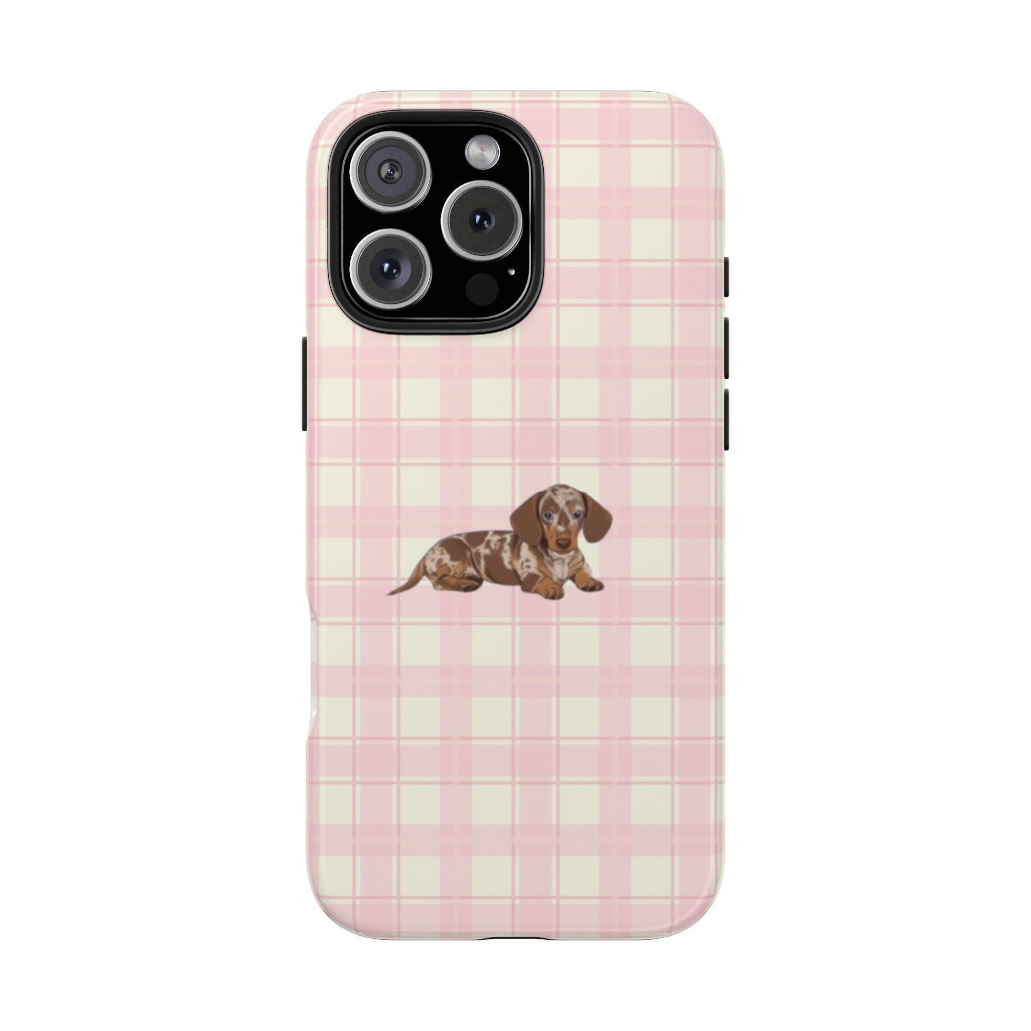Pink gingham phone case with dachshund graphic, camera cutouts and raised edges