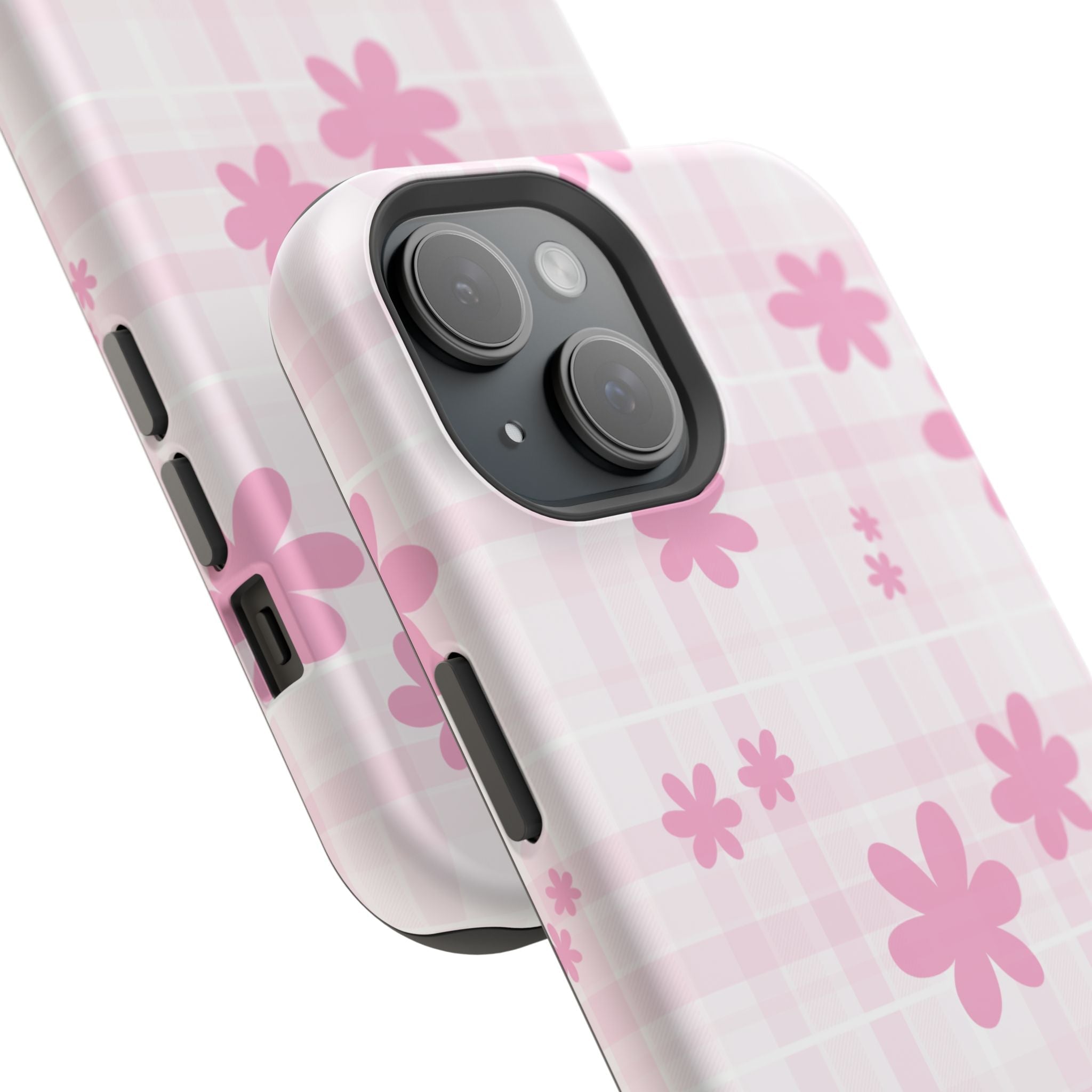 Pink gingham floral phone case showing side button cutouts and raised camera area