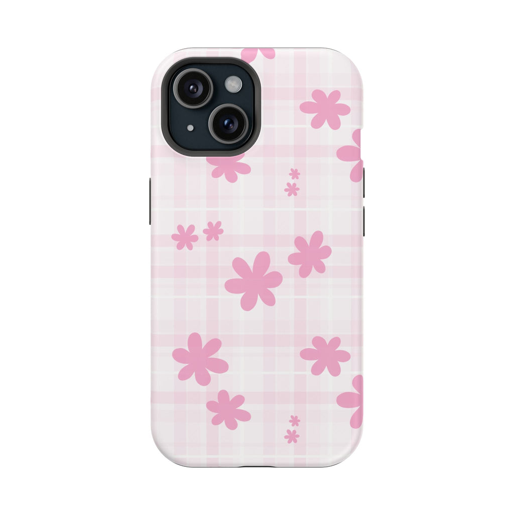Pink gingham floral phone case with pink flower accents and cutouts for camera and buttons