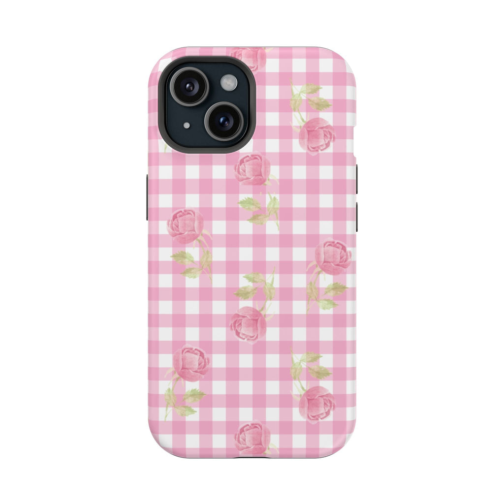 Pink gingham roses floral phone case with raised camera cutouts