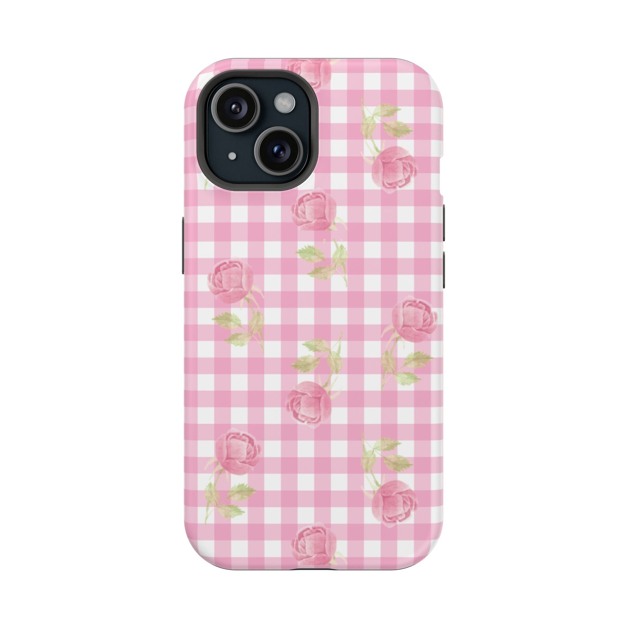 Pink gingham roses floral phone case with raised camera cutouts