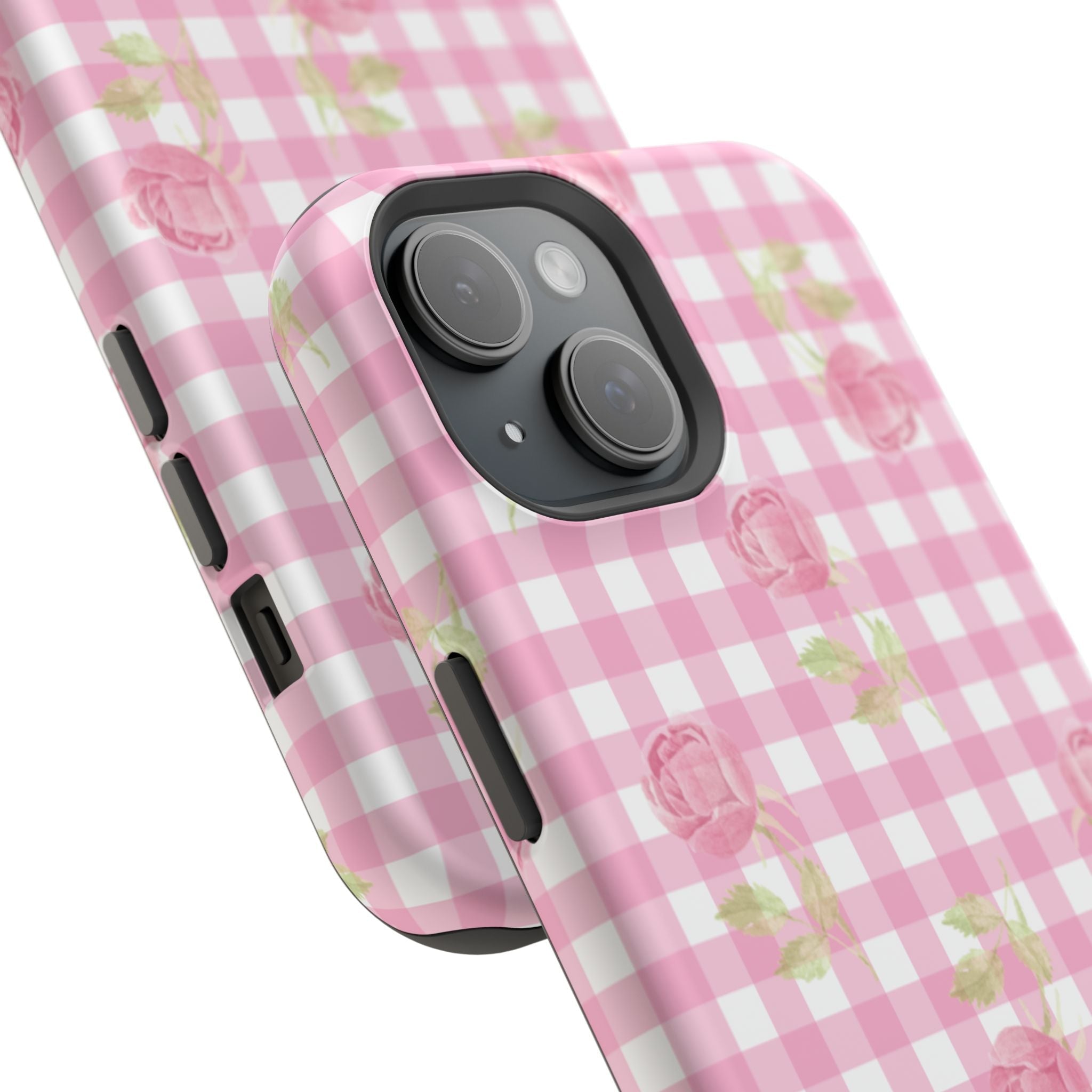 Pink gingham roses floral phone case, angled view showing camera and side buttons
