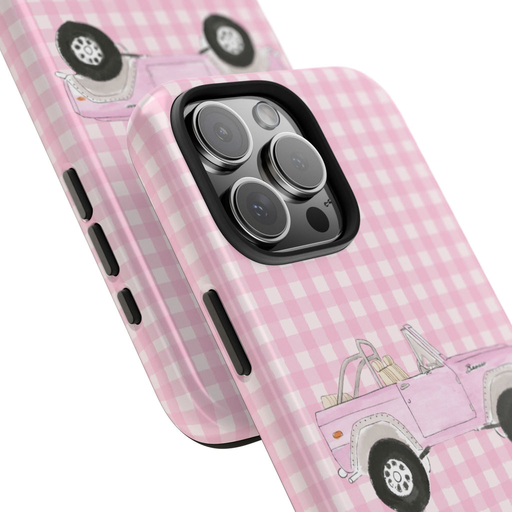 Pink gingham phone case, bronco graphic detail and camera lens cutout on corner