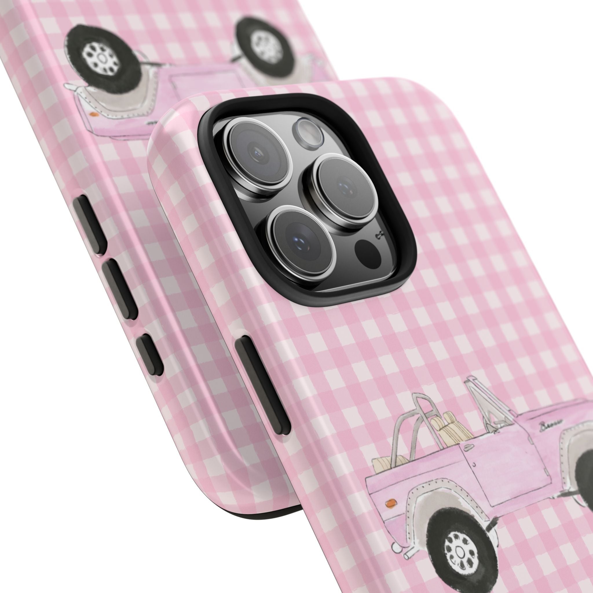 Pink gingham phone case, bronco graphic detail and camera lens cutout on corner
