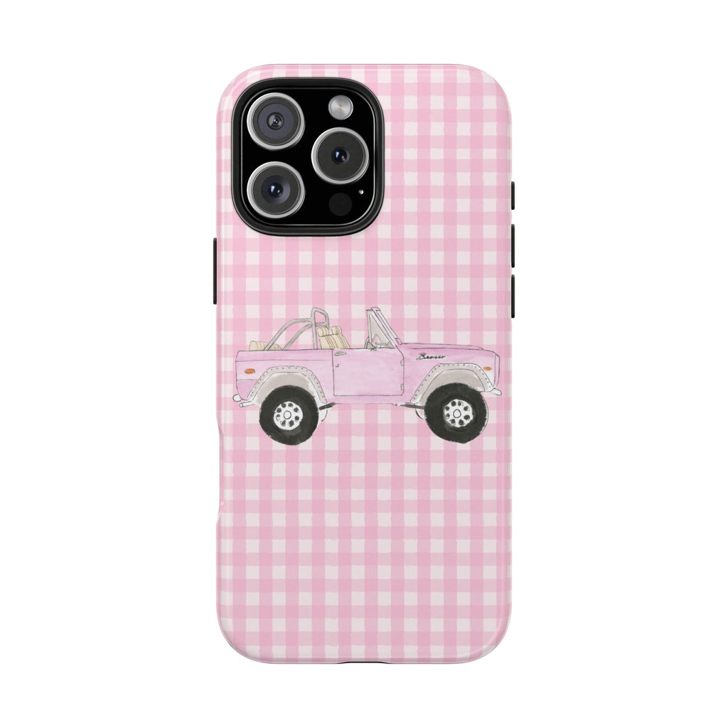 Pink gingham phone case with vintage bronco graphic; cutouts for camera and buttons