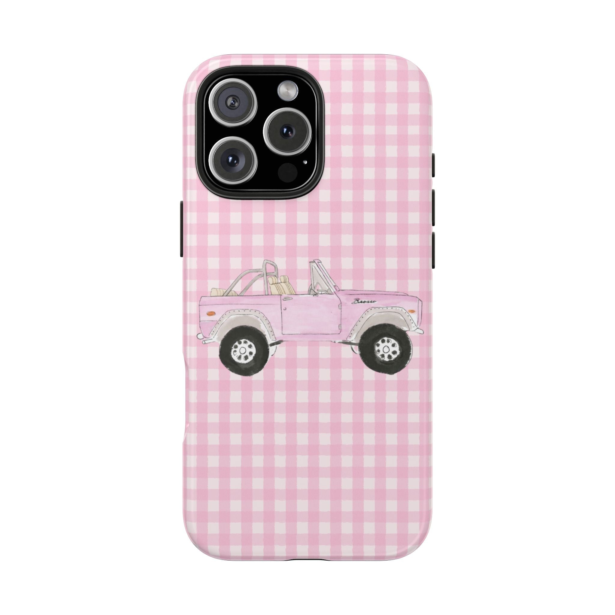 Pink gingham phone case with vintage bronco graphic; cutouts for camera and buttons