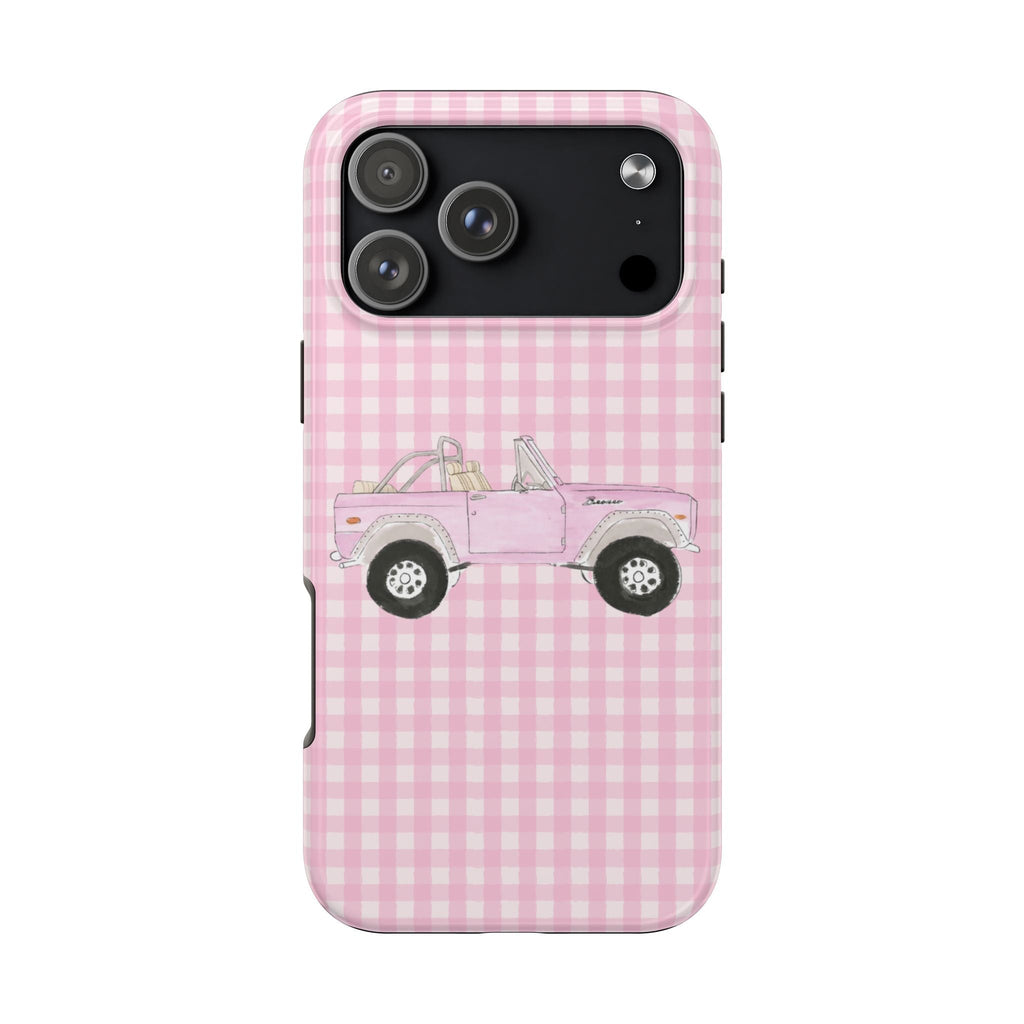 Pink gingham phone case with vintage bronco illustration and camera cutout opening