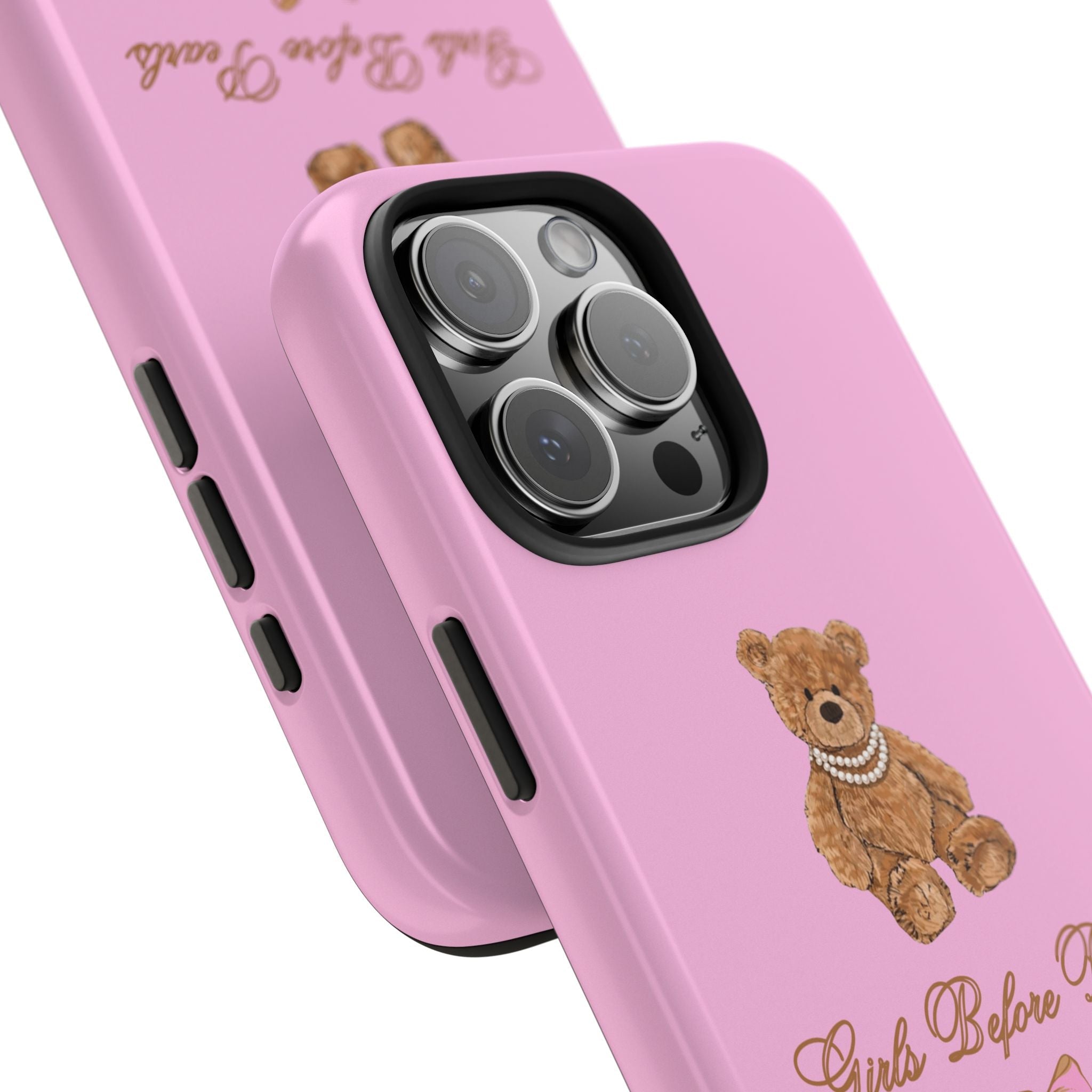 Pink phone case close-up with teddy bear applique and camera cutout