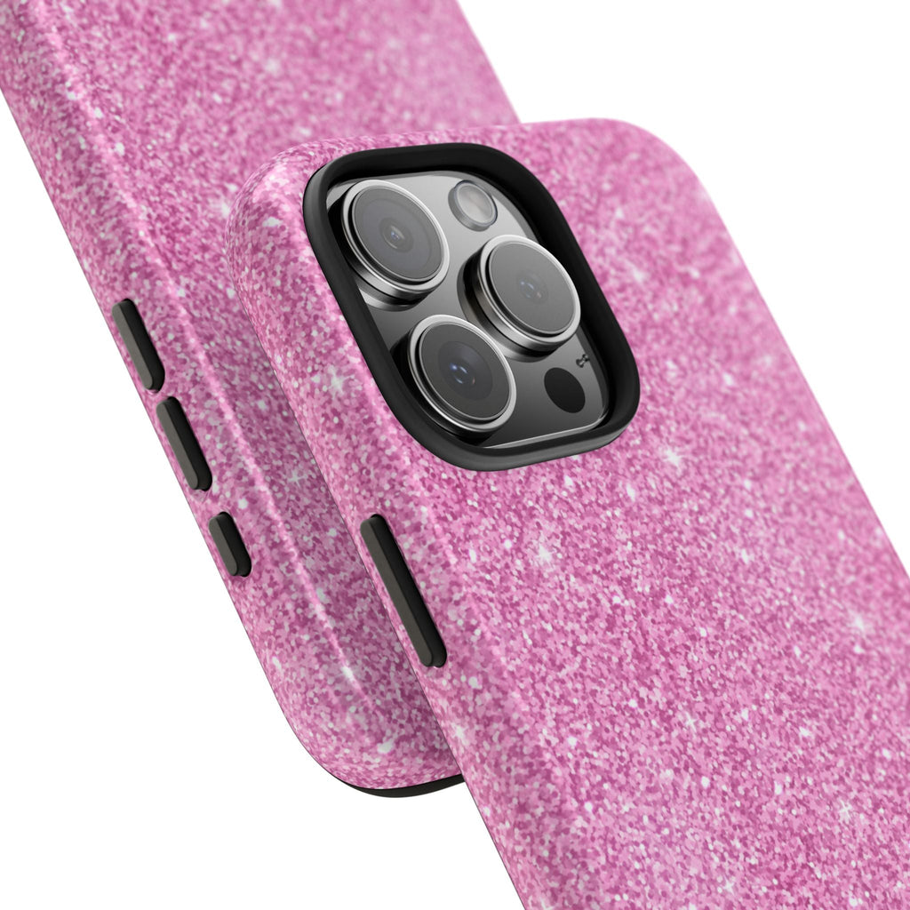 Pink glitter phone case corner view with camera cutout and side button covers