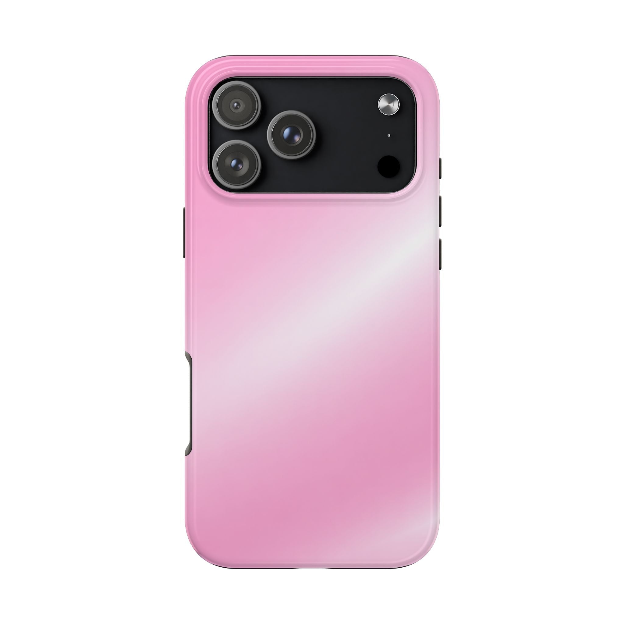 Pink glossy phone case with cutouts for triple cameras and flash on back