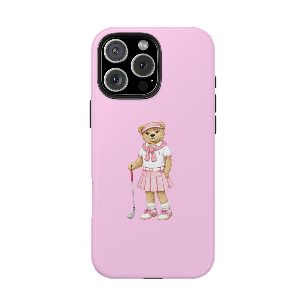 Pink back phone case featuring teddy bear girl with golf club, raised camera bezel.