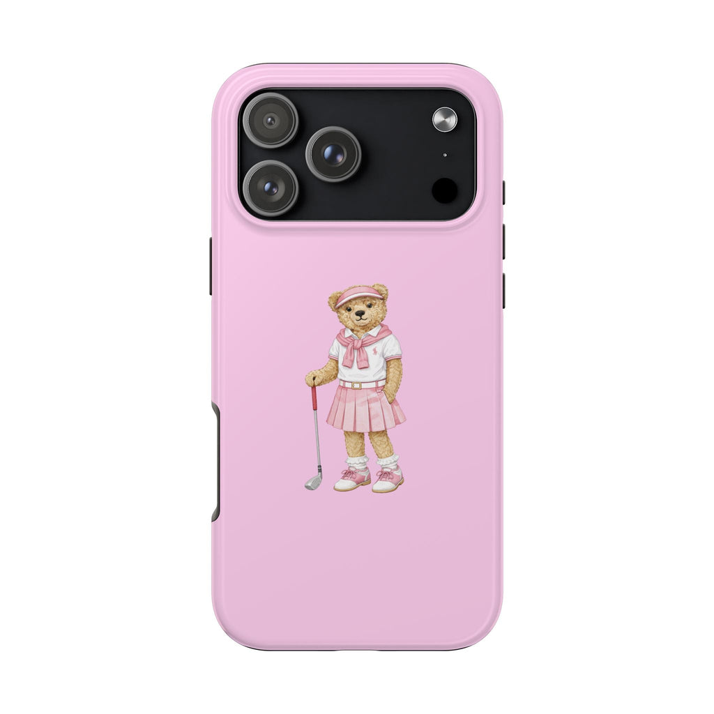 Pink phone case with teddy bear girl golfing graphic; fits camera cutouts.