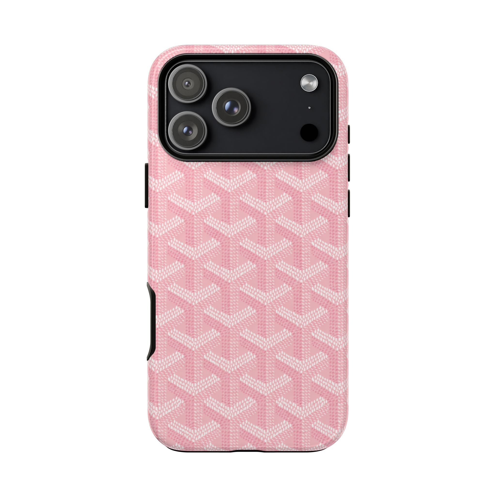 Pink phone case with white geometric pattern and front camera opening