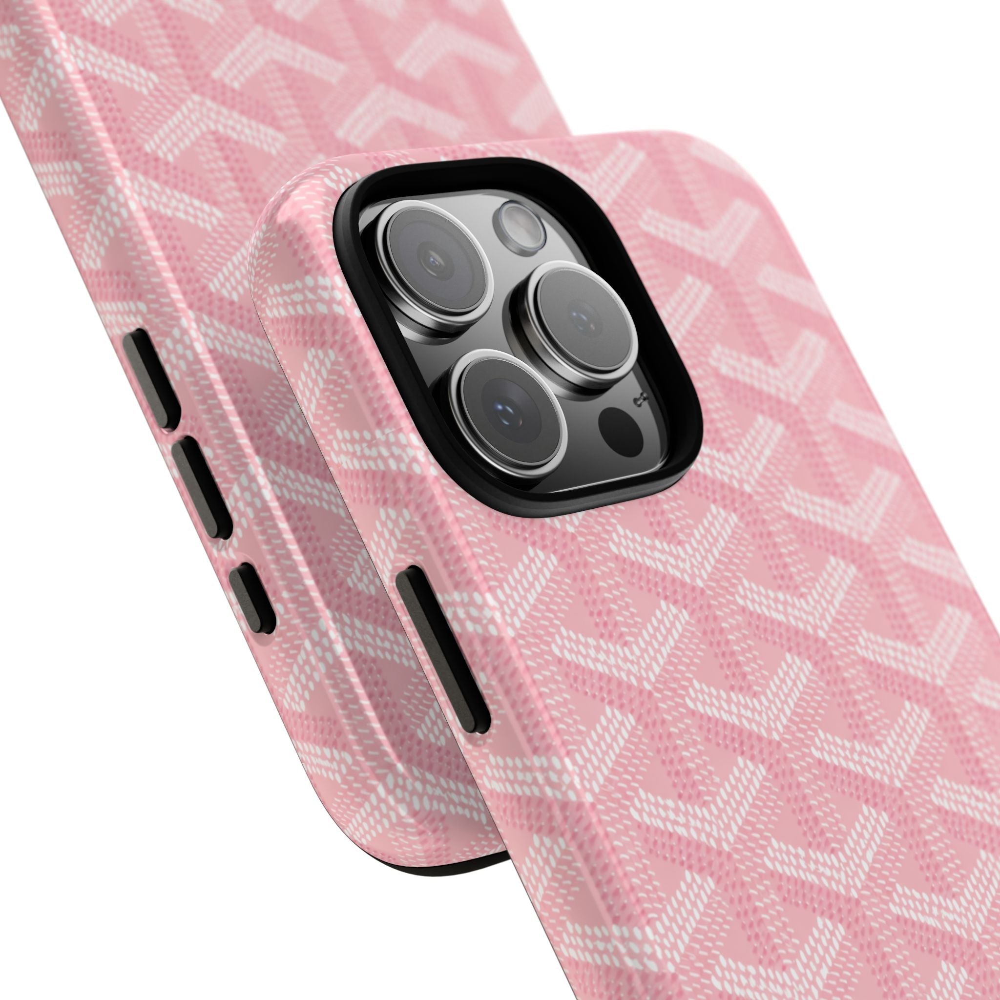 Pink phone case side view with white geometric pattern and speaker cutouts