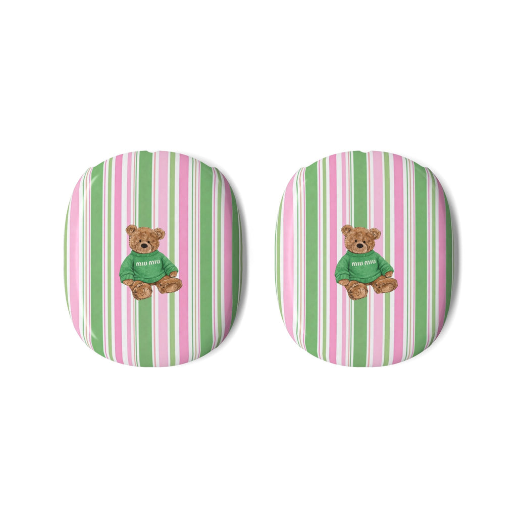 AirPods Max earcup covers with pink-green vertical stripes and teddy bear appliqué