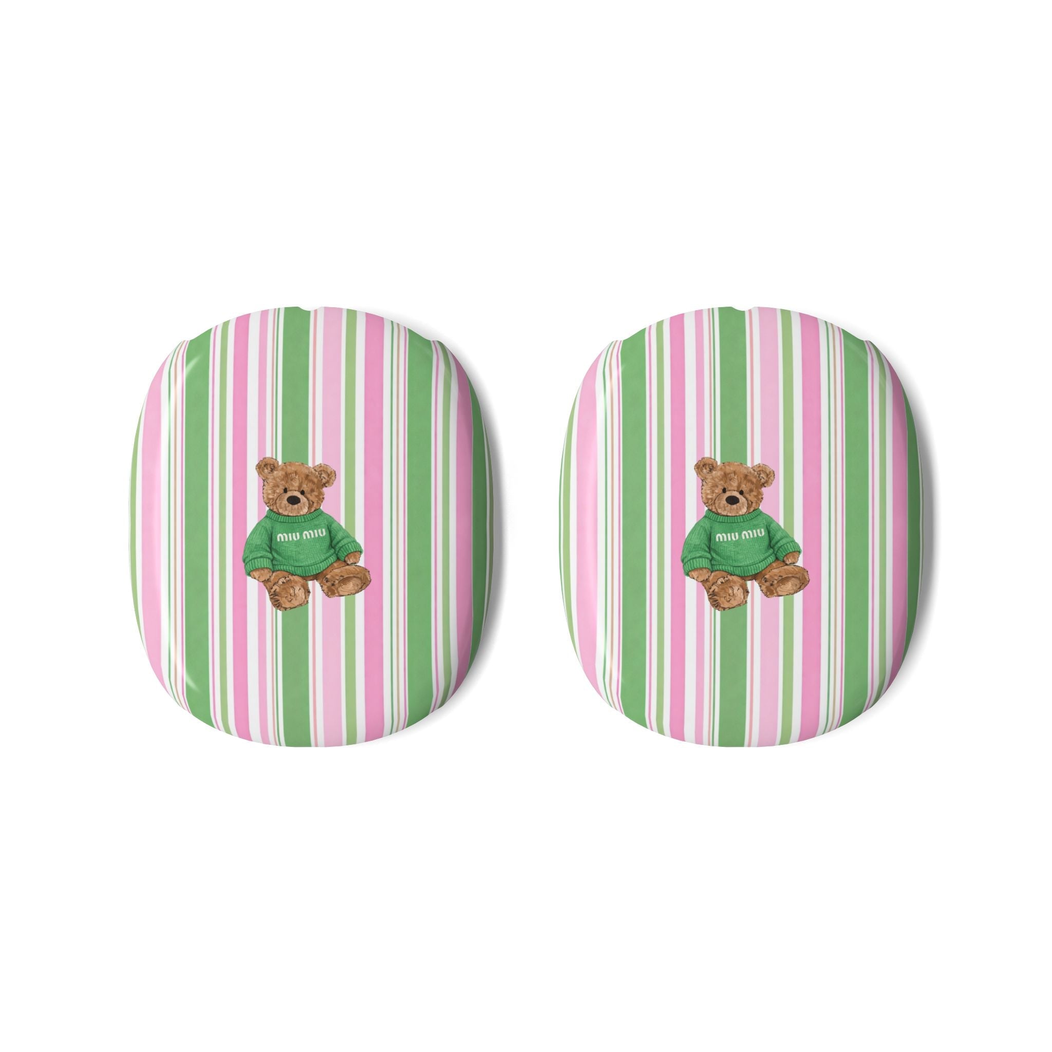 AirPods Max earcup covers with pink-green vertical stripes and teddy bear appliqué