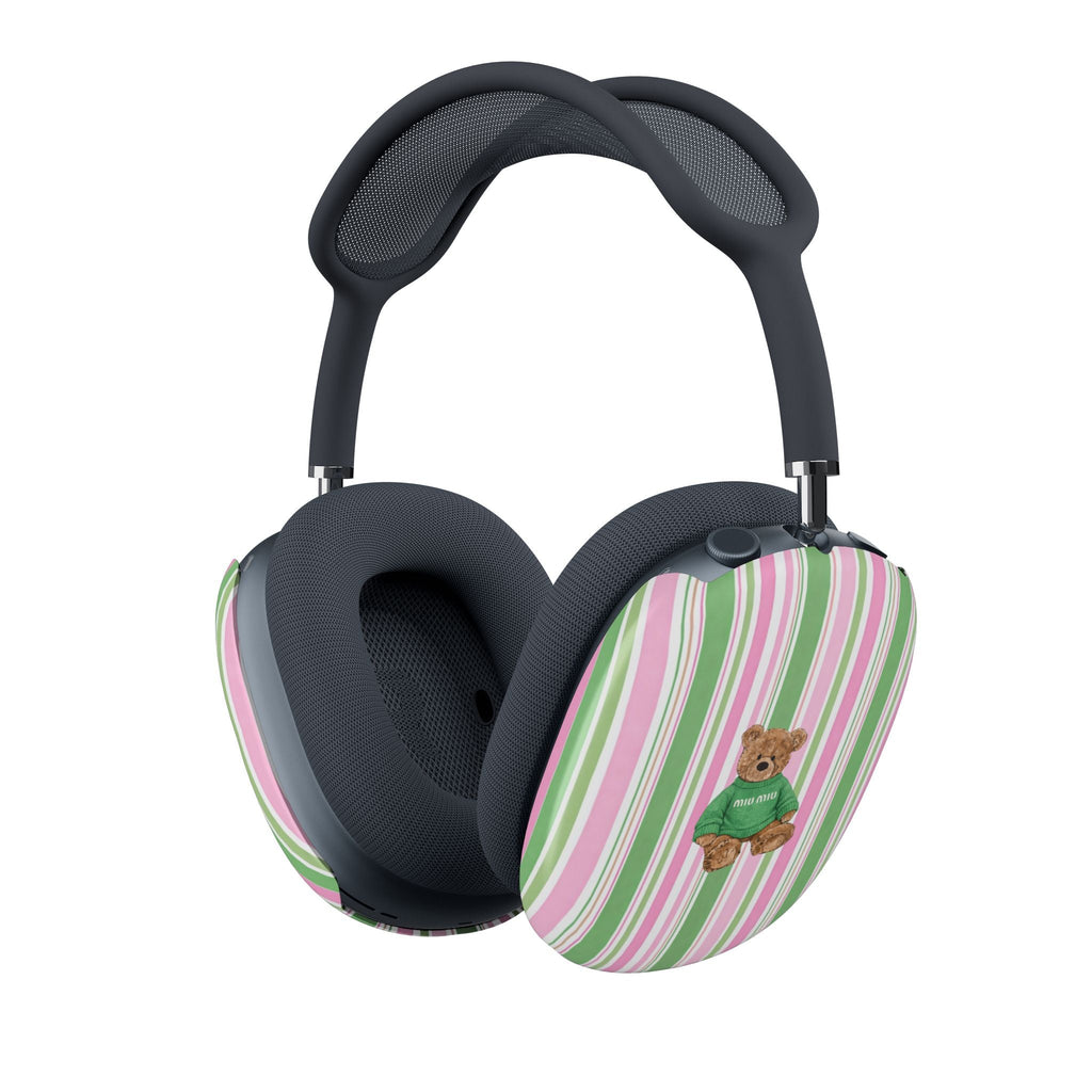 AirPods Max case cover set: striped pink-green covers with teddy bear patch