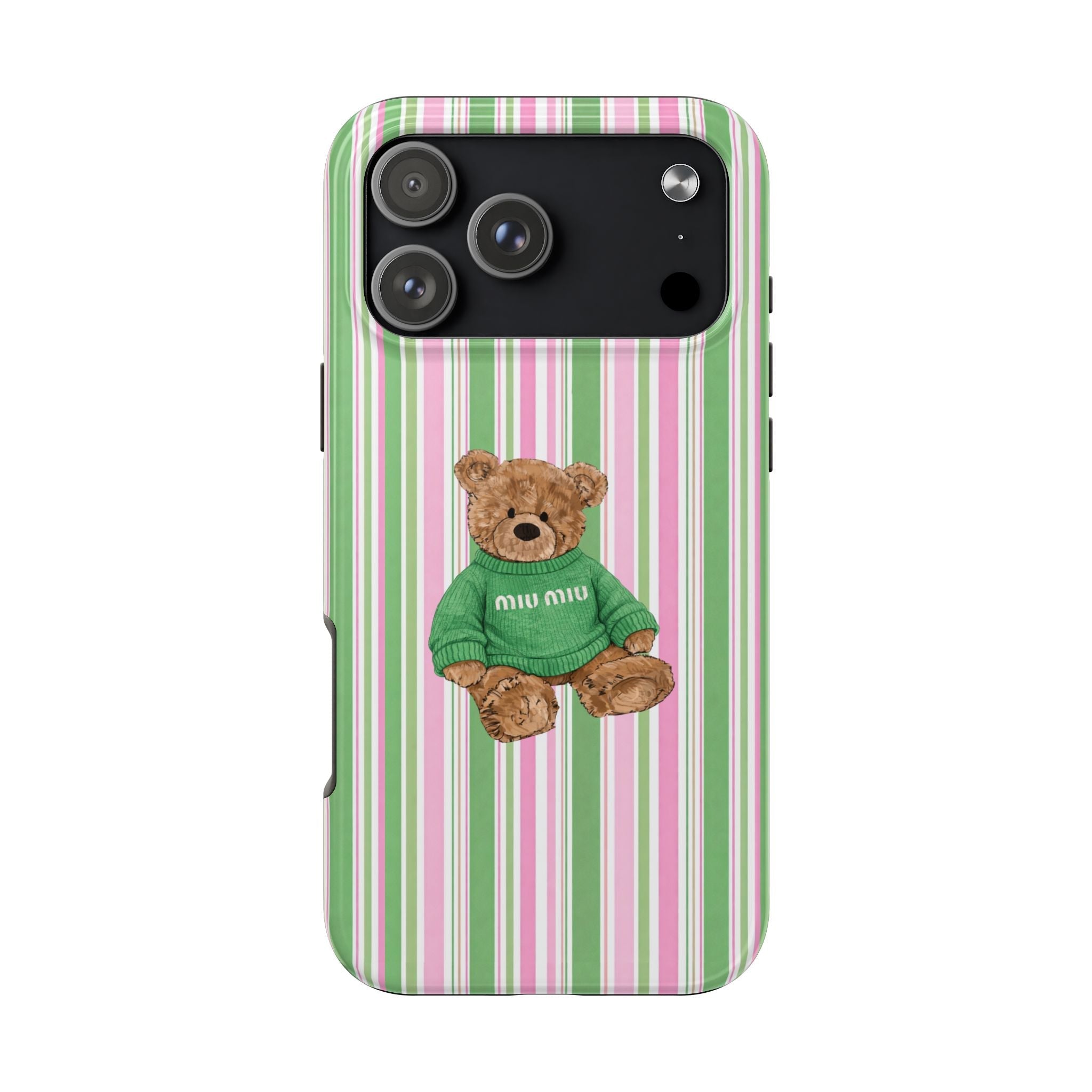 Pink & green striped phone case with teddy bear in a green sweater