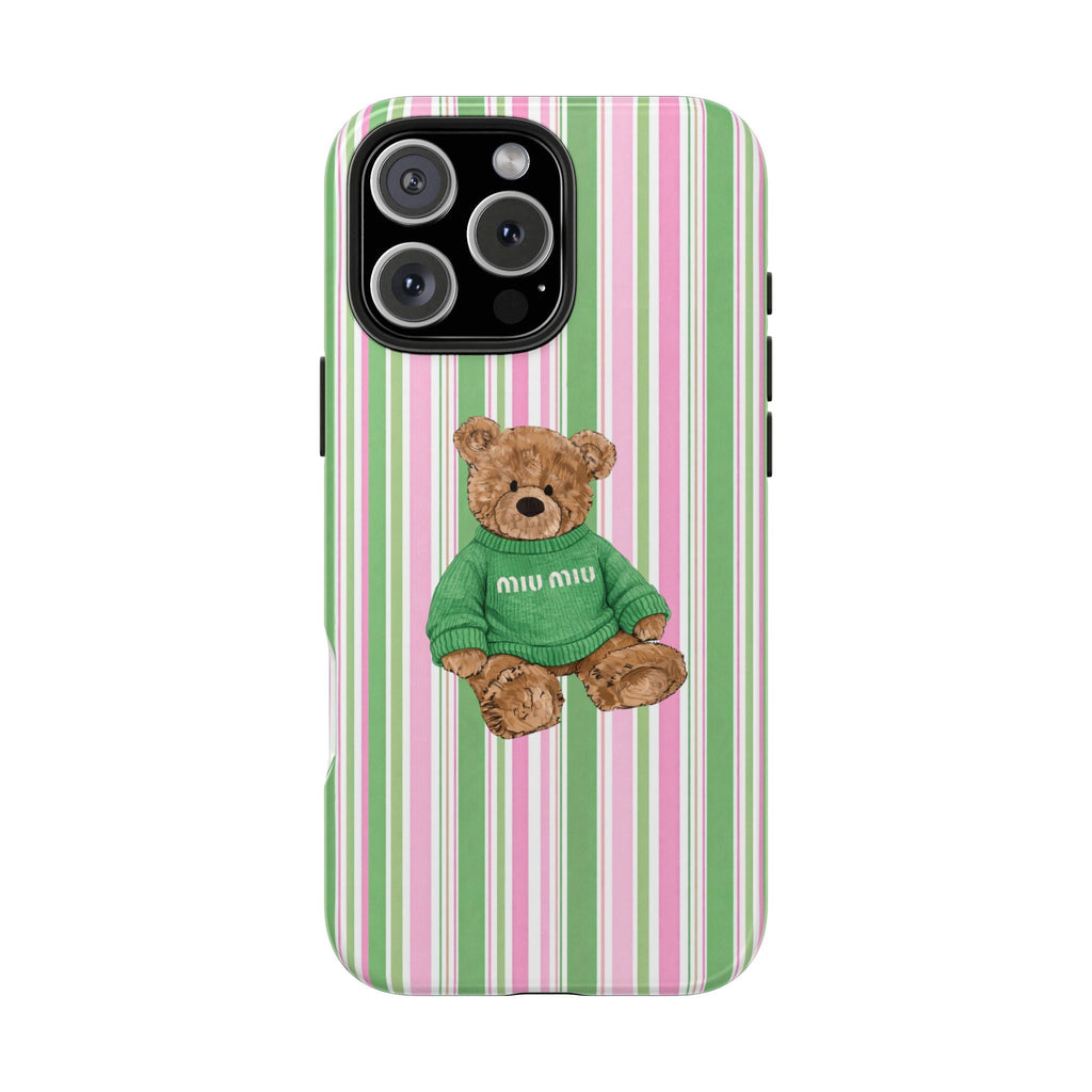 Striped pink and green phone case with teddy bear in green sweater