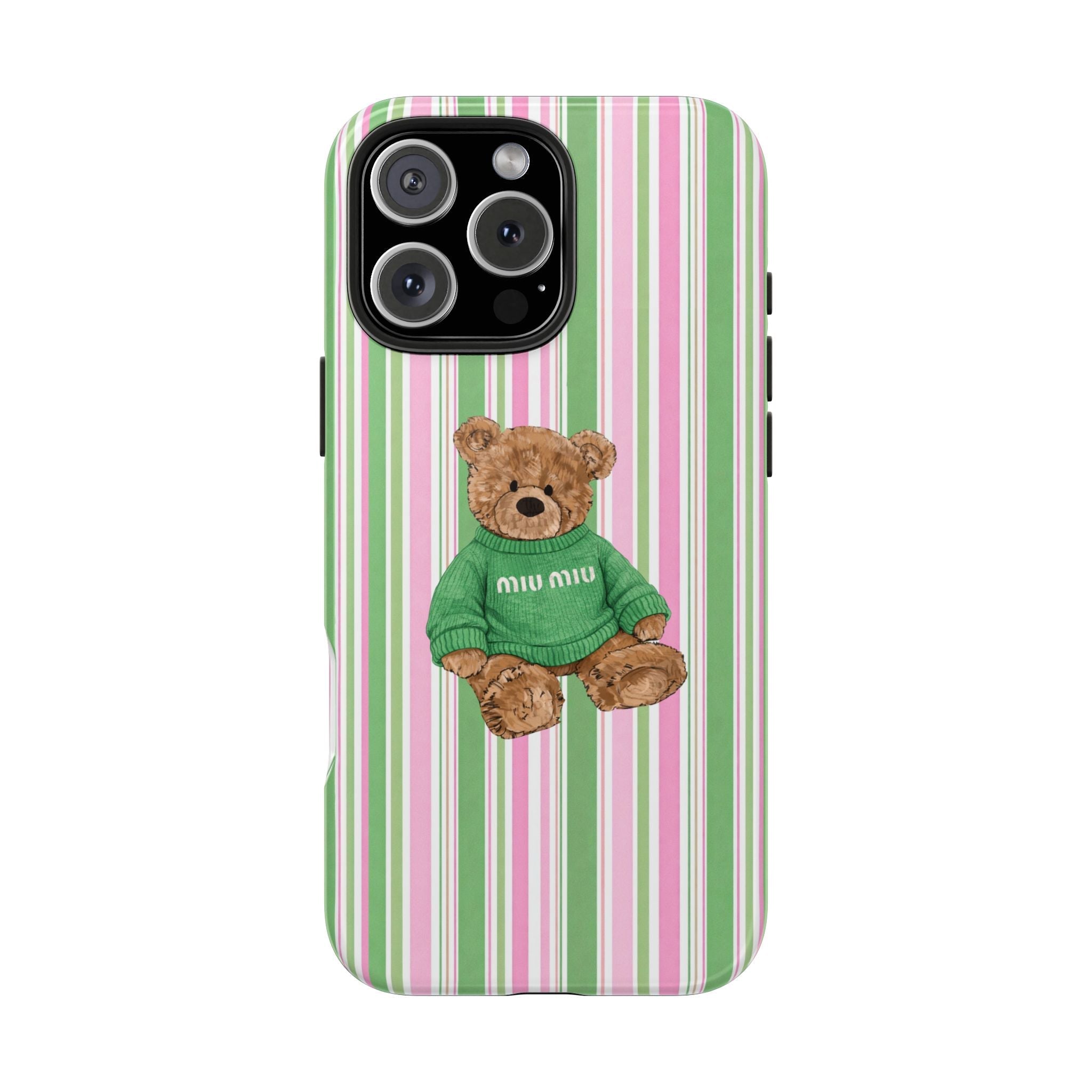 Striped pink and green phone case with teddy bear in green sweater