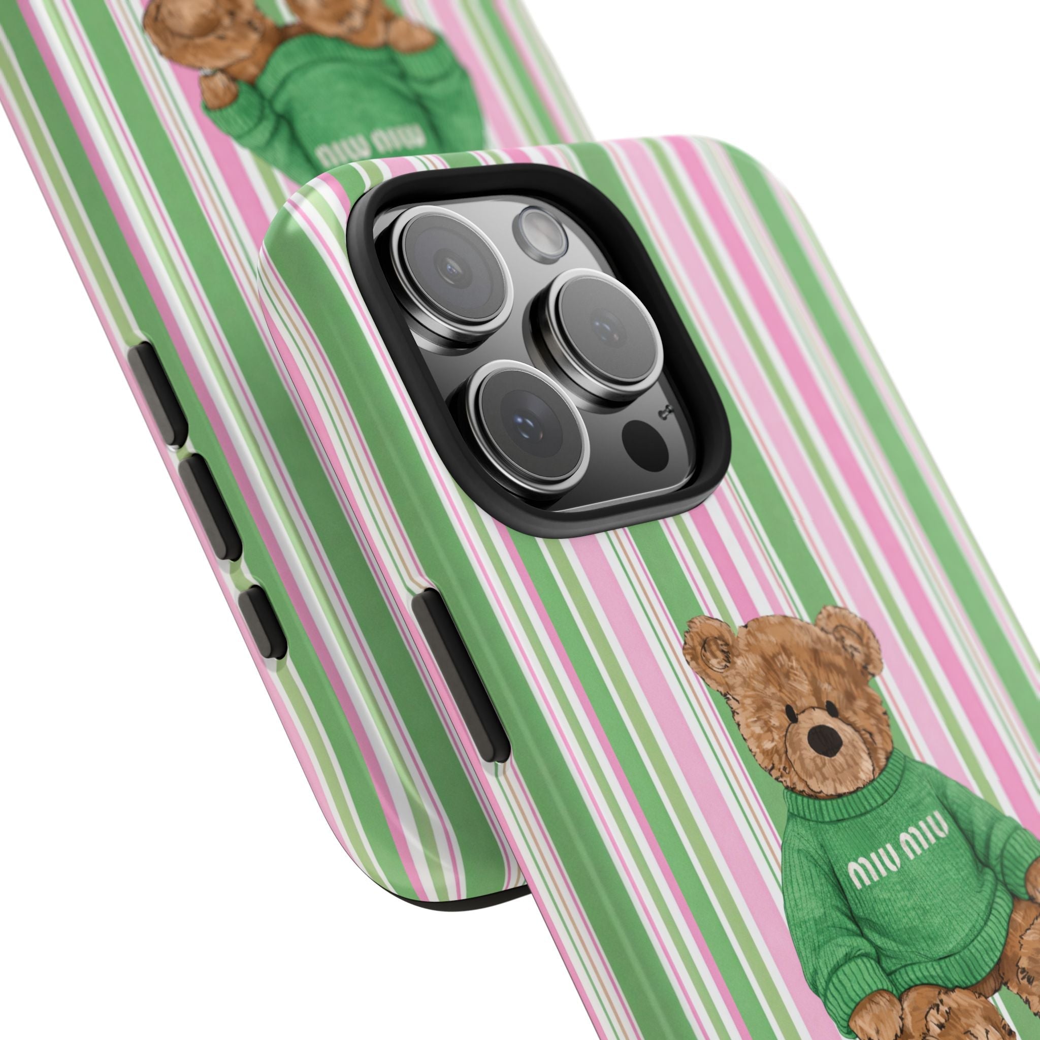 Striped phone case with teddy bear sweater; camera lens cutouts shown