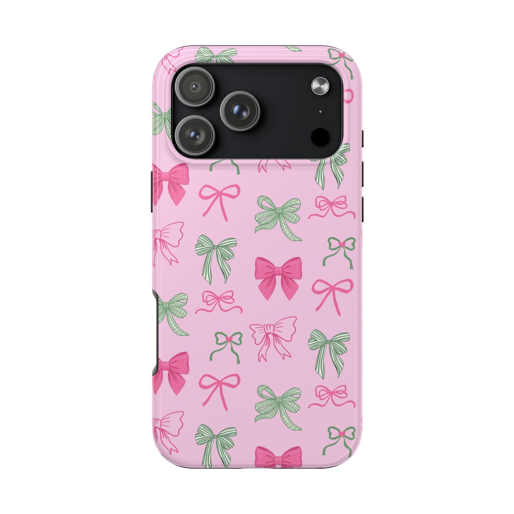 Pink bow phone case with multiple green bows; large camera cutout on back