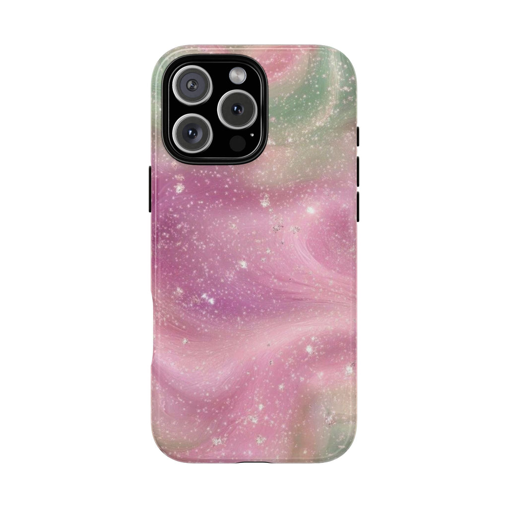 Pink and green stardust phone case with star-speckled pattern, raised camera cutout
