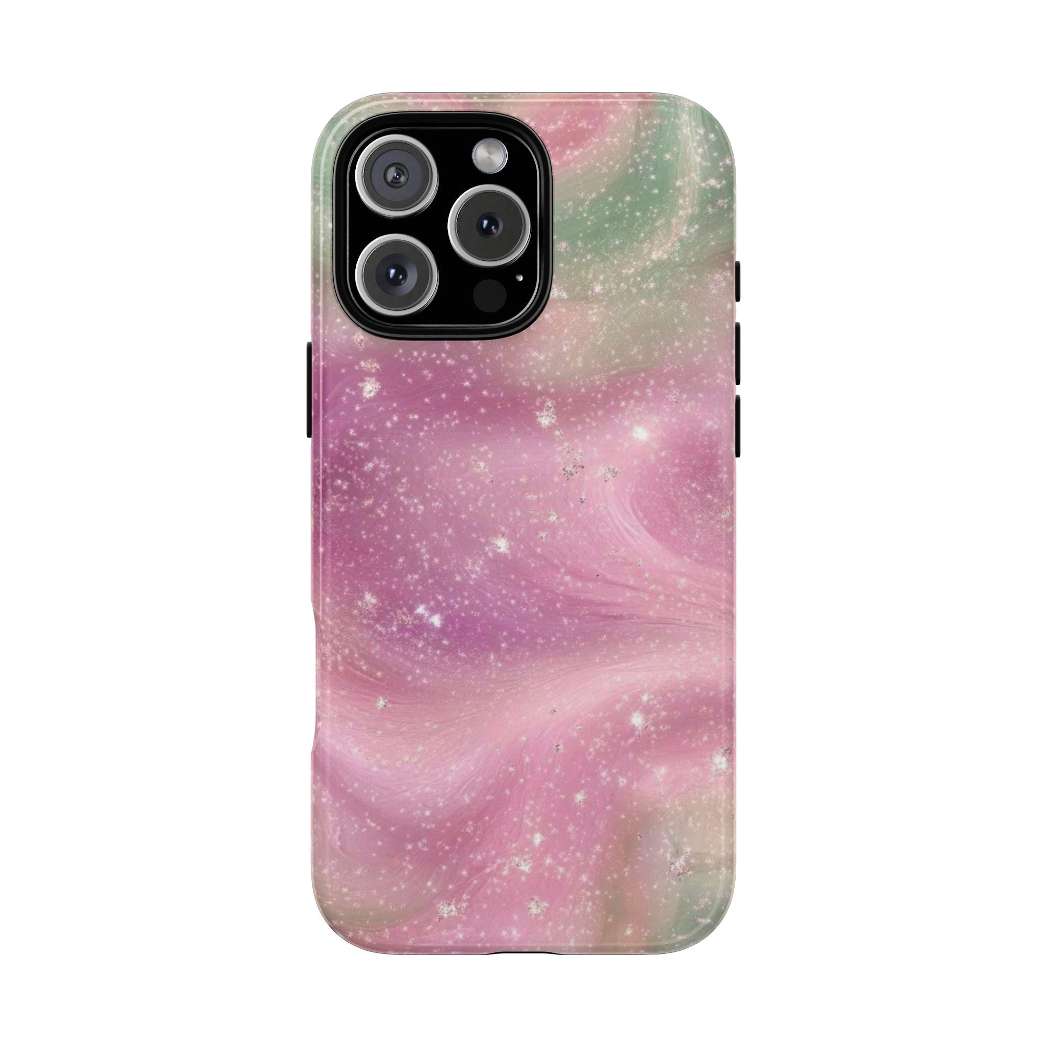 Pink and green stardust phone case with star-speckled pattern, raised camera cutout