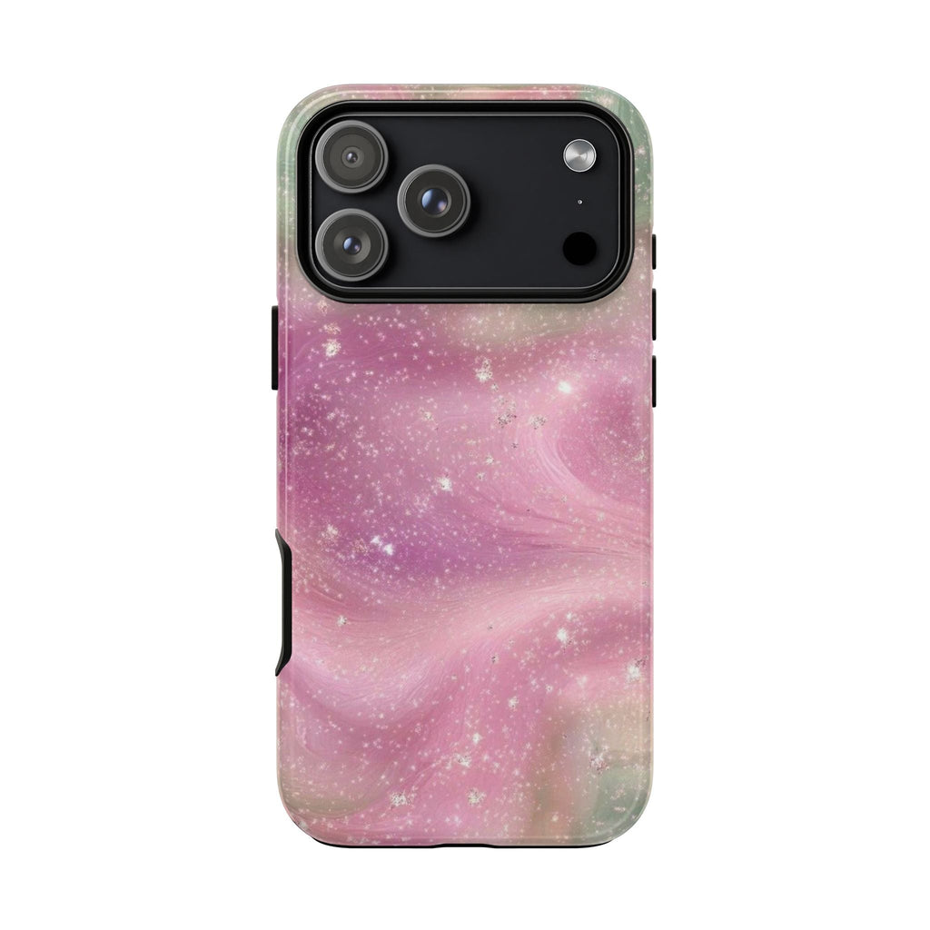 Stardust phone case in pink and green with speckled design and side button cutouts