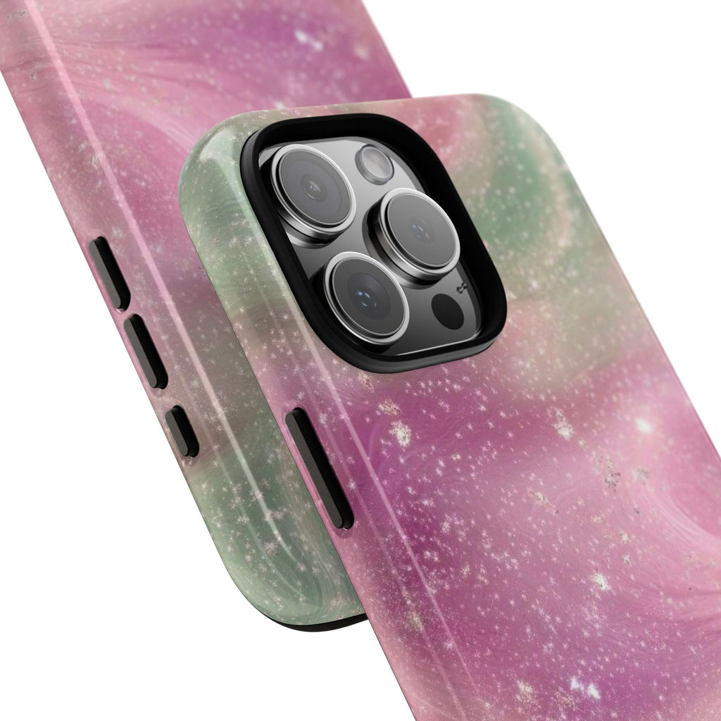 Pink and green stardust phone case with speckled pattern and camera lens openings