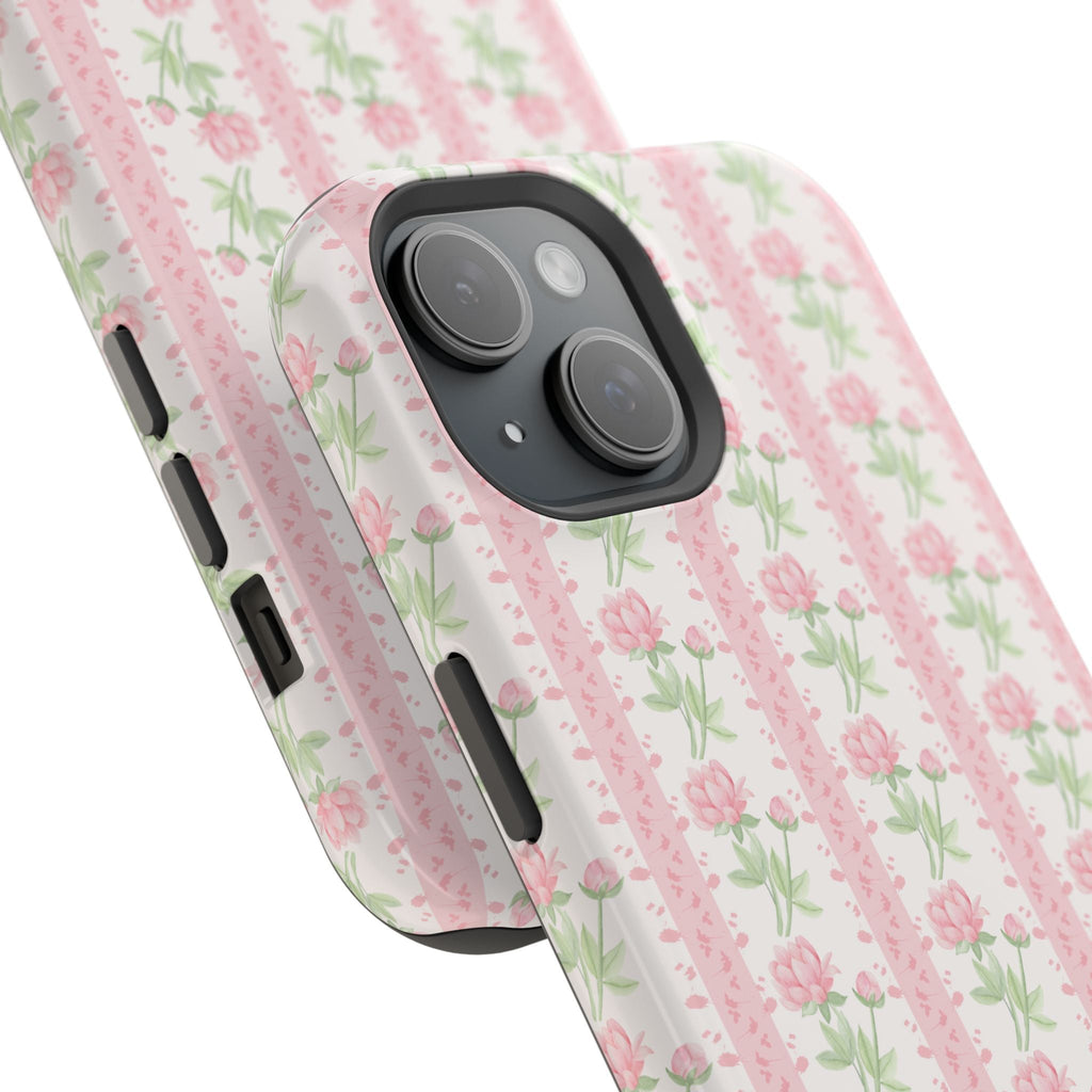 Angled pink floral striped phone case with green stripes and side button cutouts