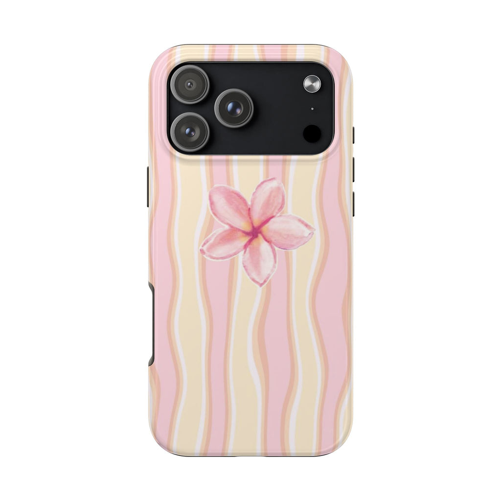 Back of pink and cream wavy stripes phone case with pink hibiscus flower