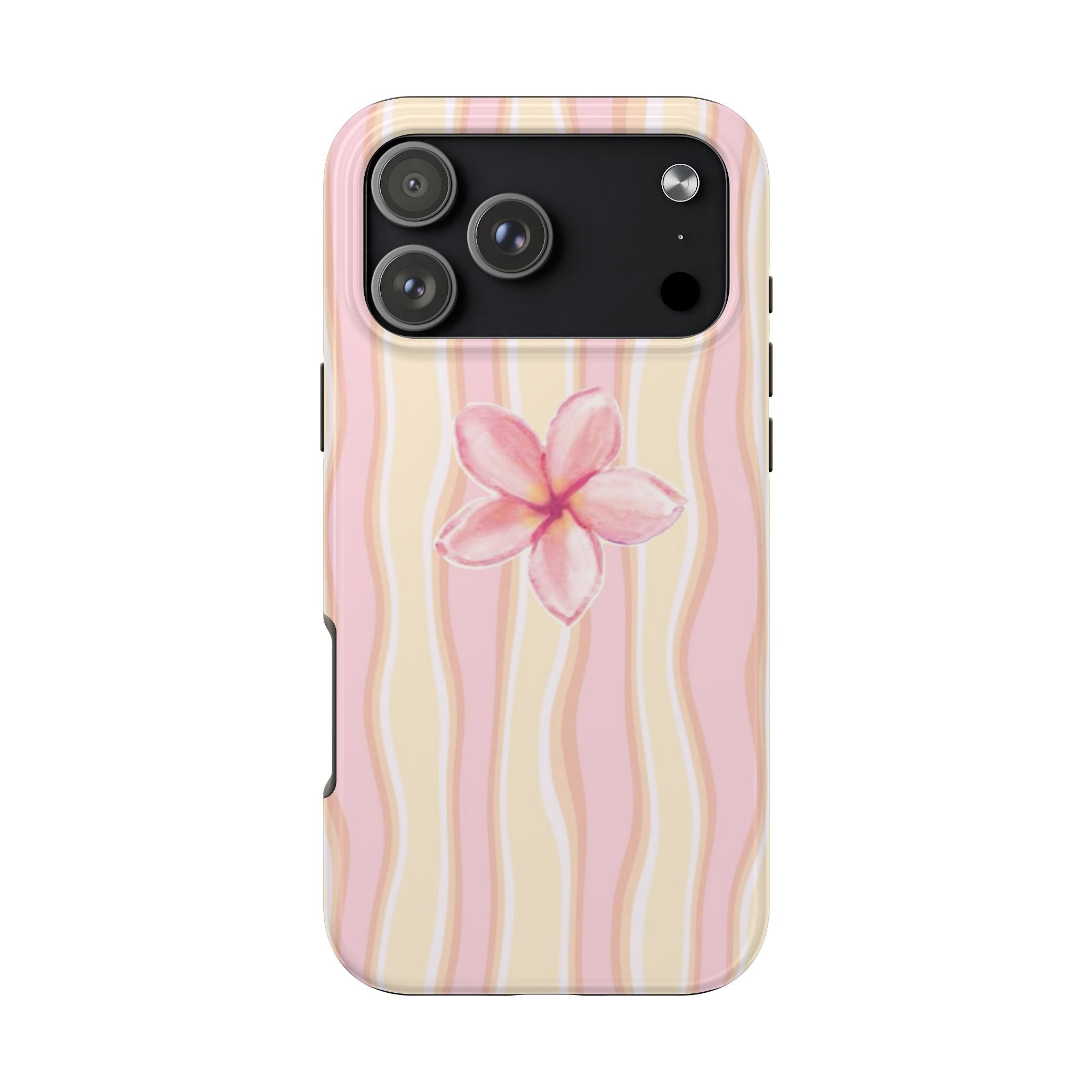 Back of pink and cream wavy stripes phone case with pink hibiscus flower