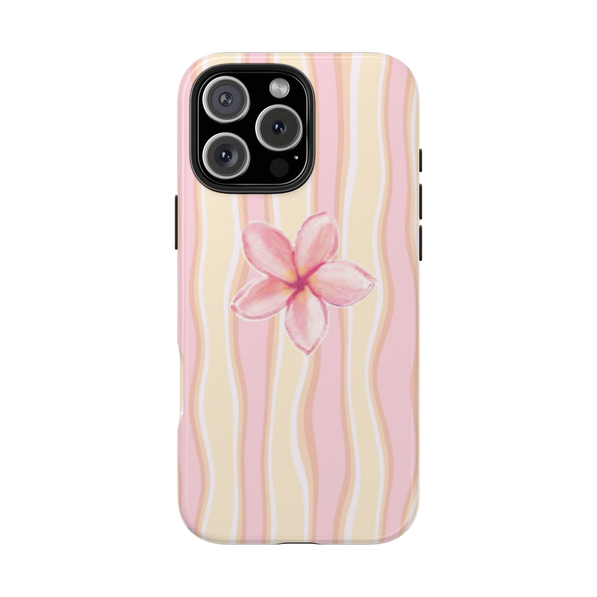 Pink and cream wavy stripes phone case with pink hibiscus flower at center