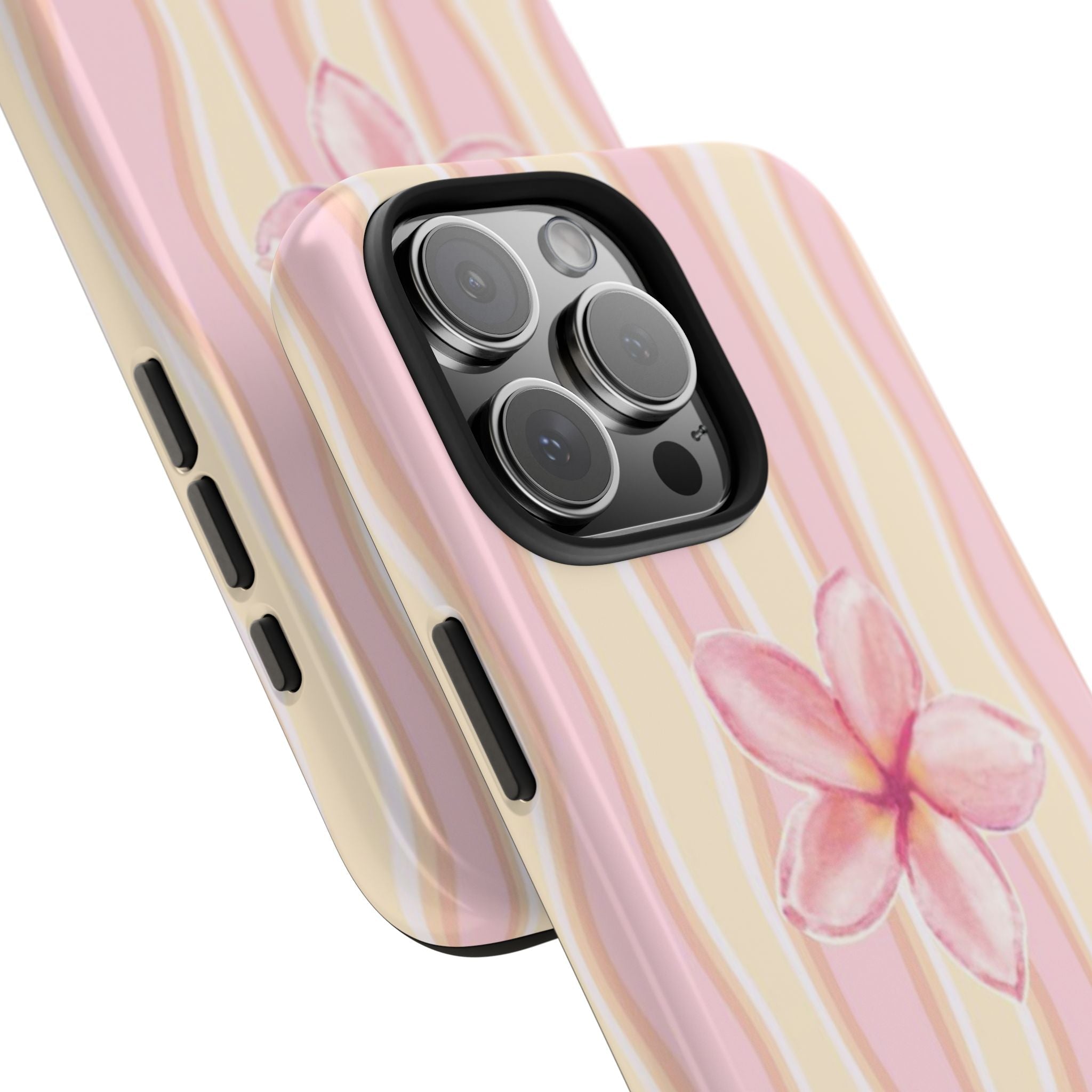 Angled view of pink wavy stripes phone case with hibiscus flower and camera cutouts