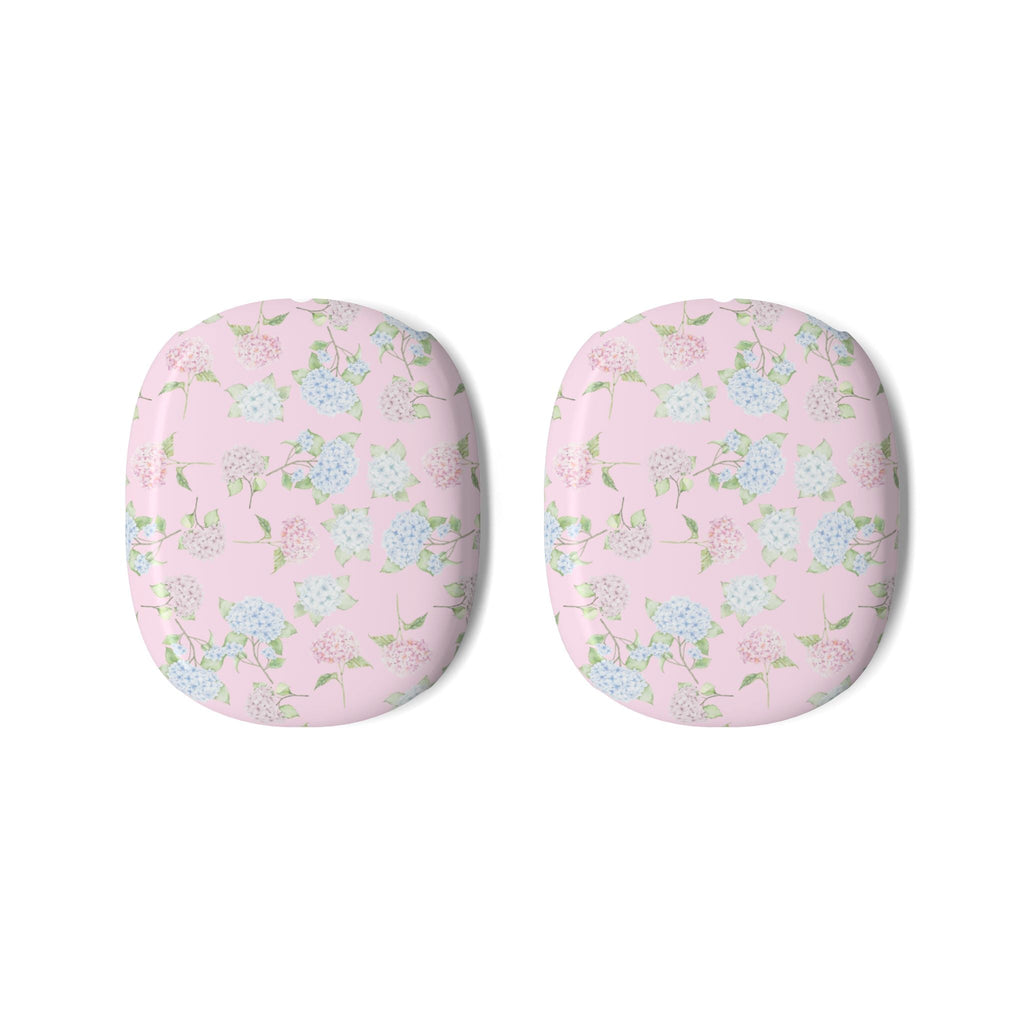 Pair of pink hydrangea floral ear cup covers for AirPods Max