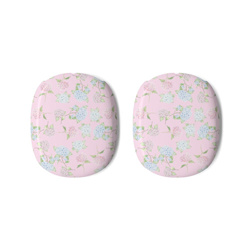 Pair of pink hydrangea floral ear cup covers for AirPods Max
