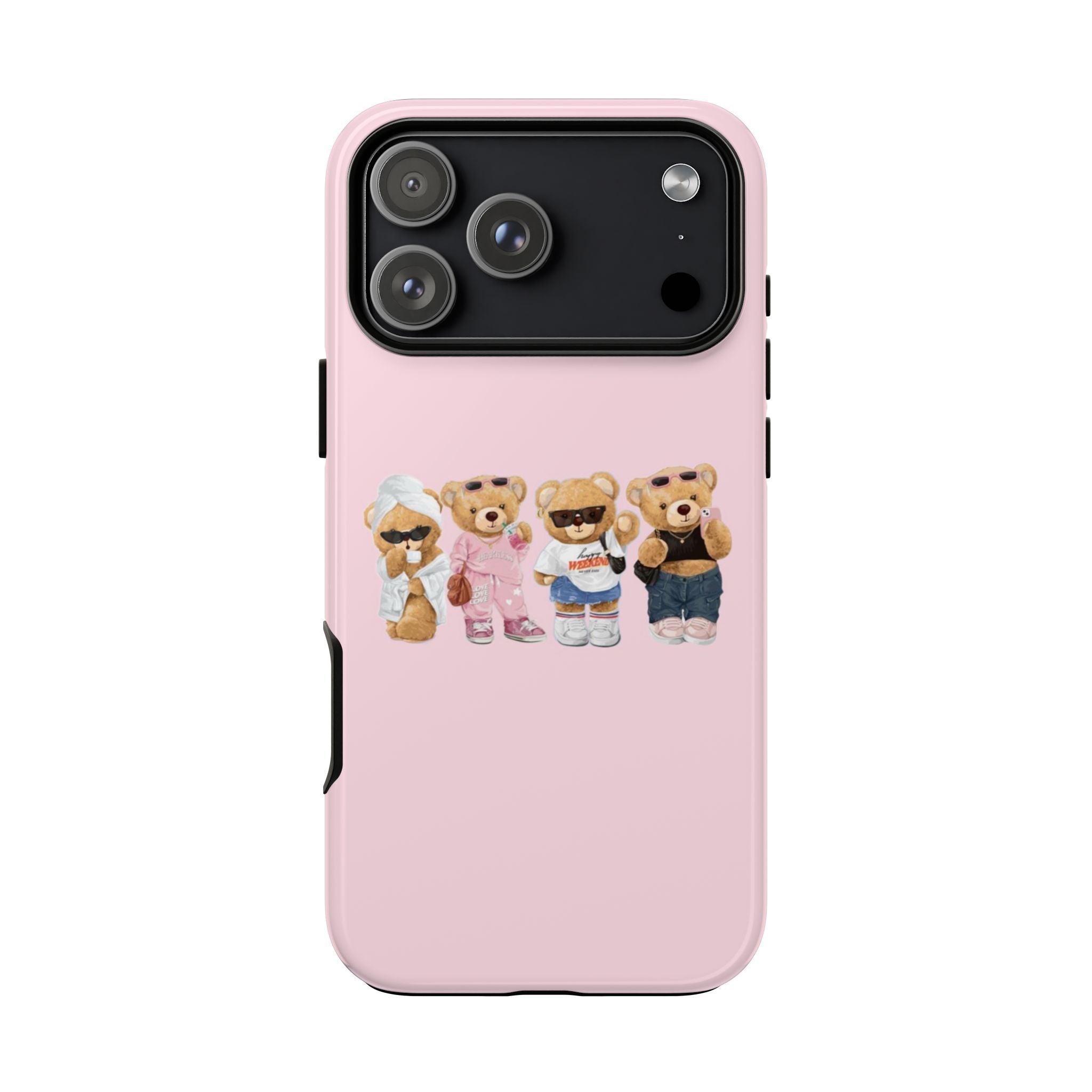 Pink rear phone case with teddy bear lineup graphic beneath the camera module