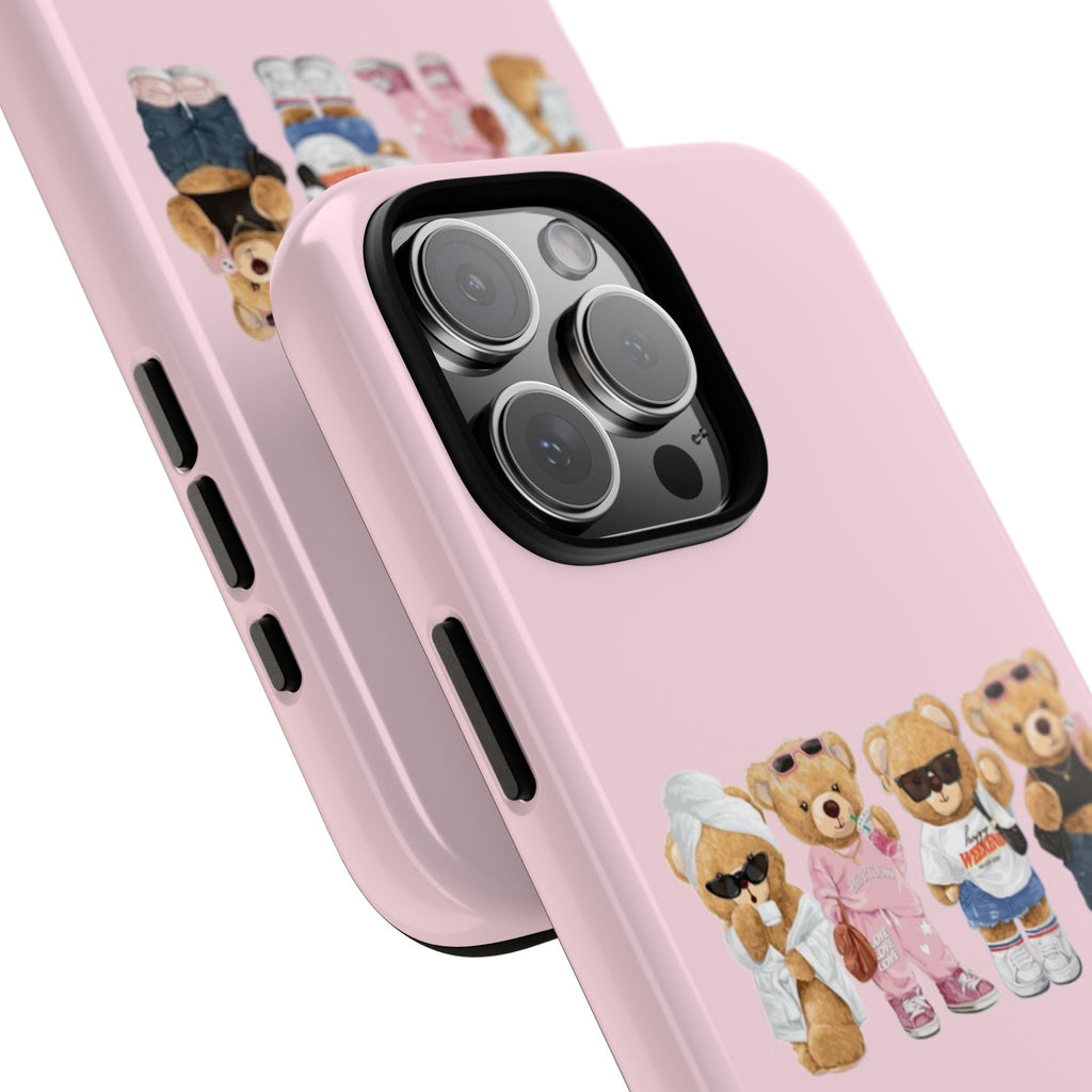 Pink phone case side view with teddy bear graphic and camera lenses in cutout