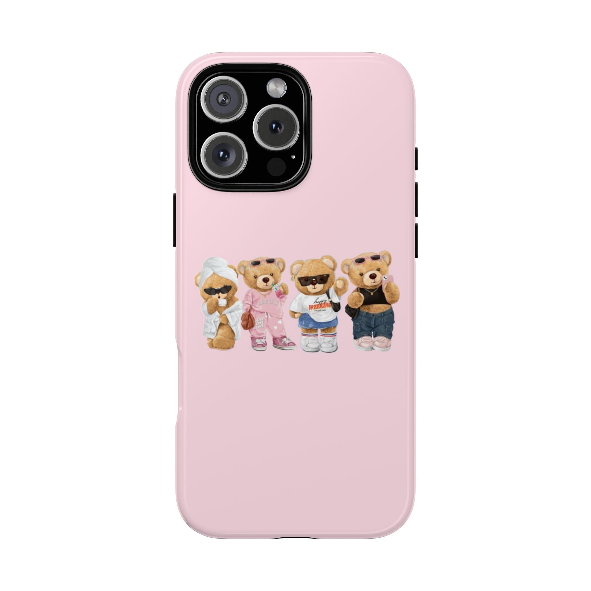Pink phone case with teddy bear character graphic on back and camera cutout