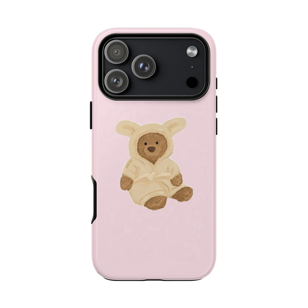 Pink teddy bear robe phone case with raised camera frame and side cutouts