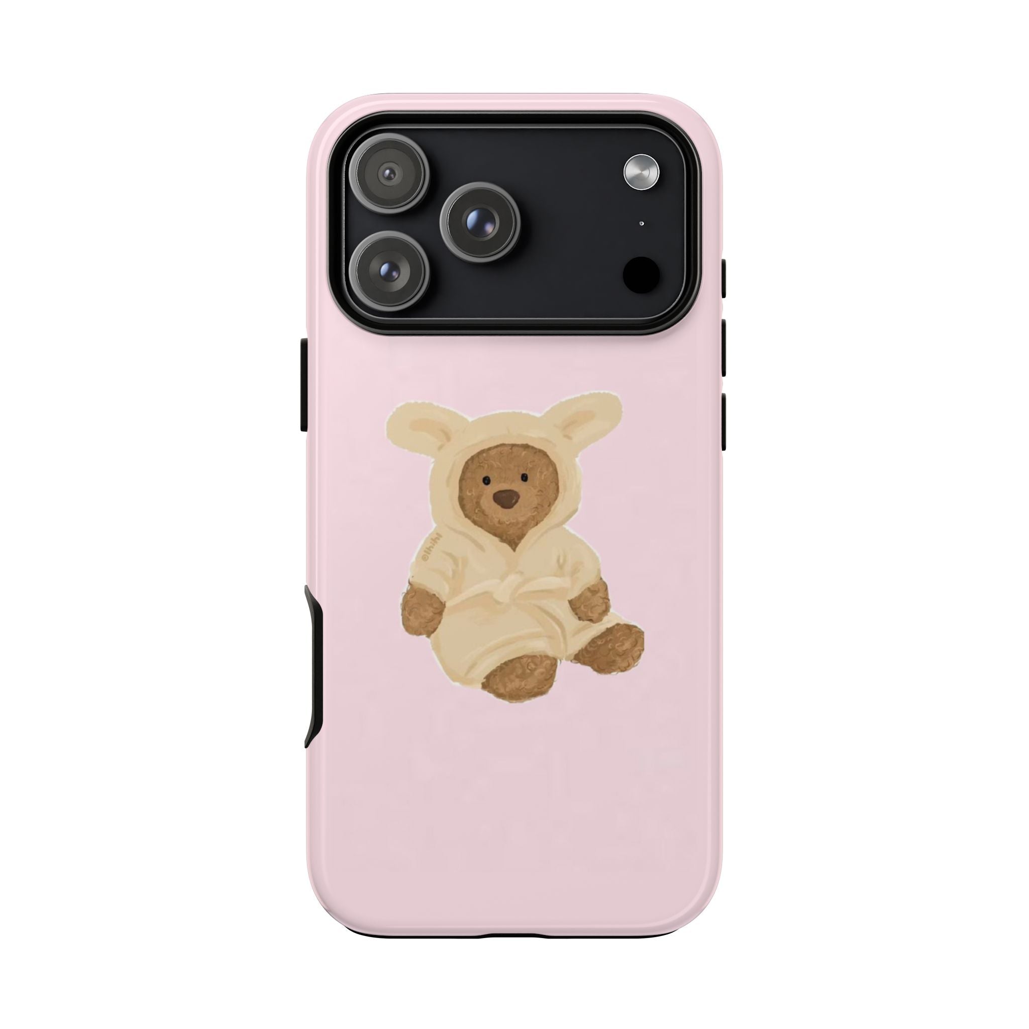 Pink teddy bear robe phone case with raised camera frame and side cutouts