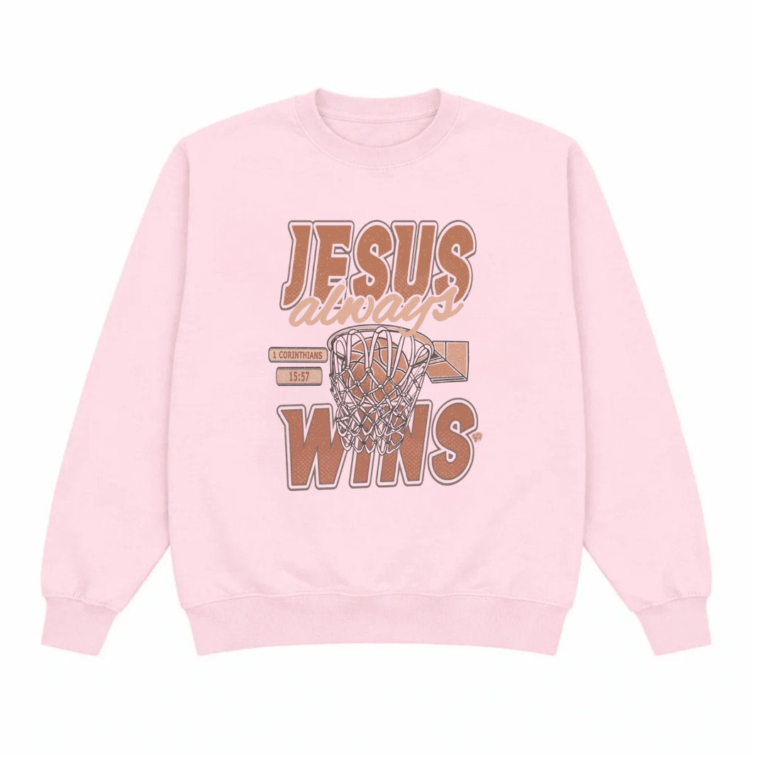 Light pink crewneck sweatshirt with large JESUS and ALWAYS WINS graphic on front
