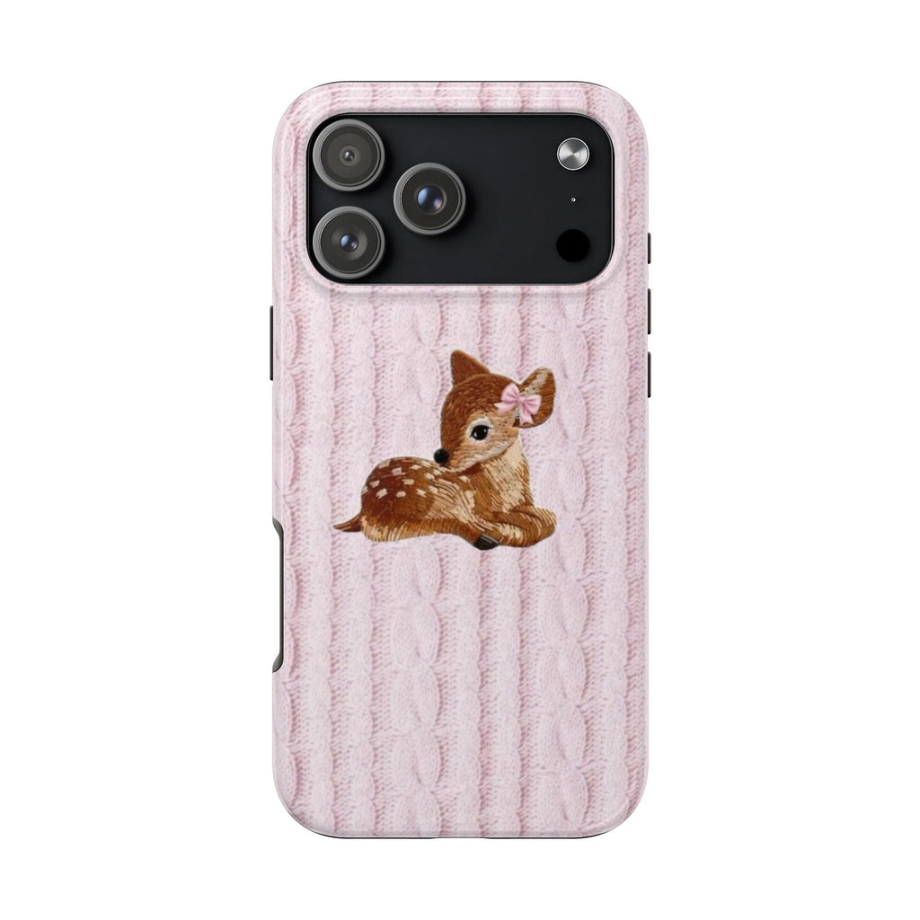 Pink knit phone case with brown deer bunny illustration and bow, camera cutouts
