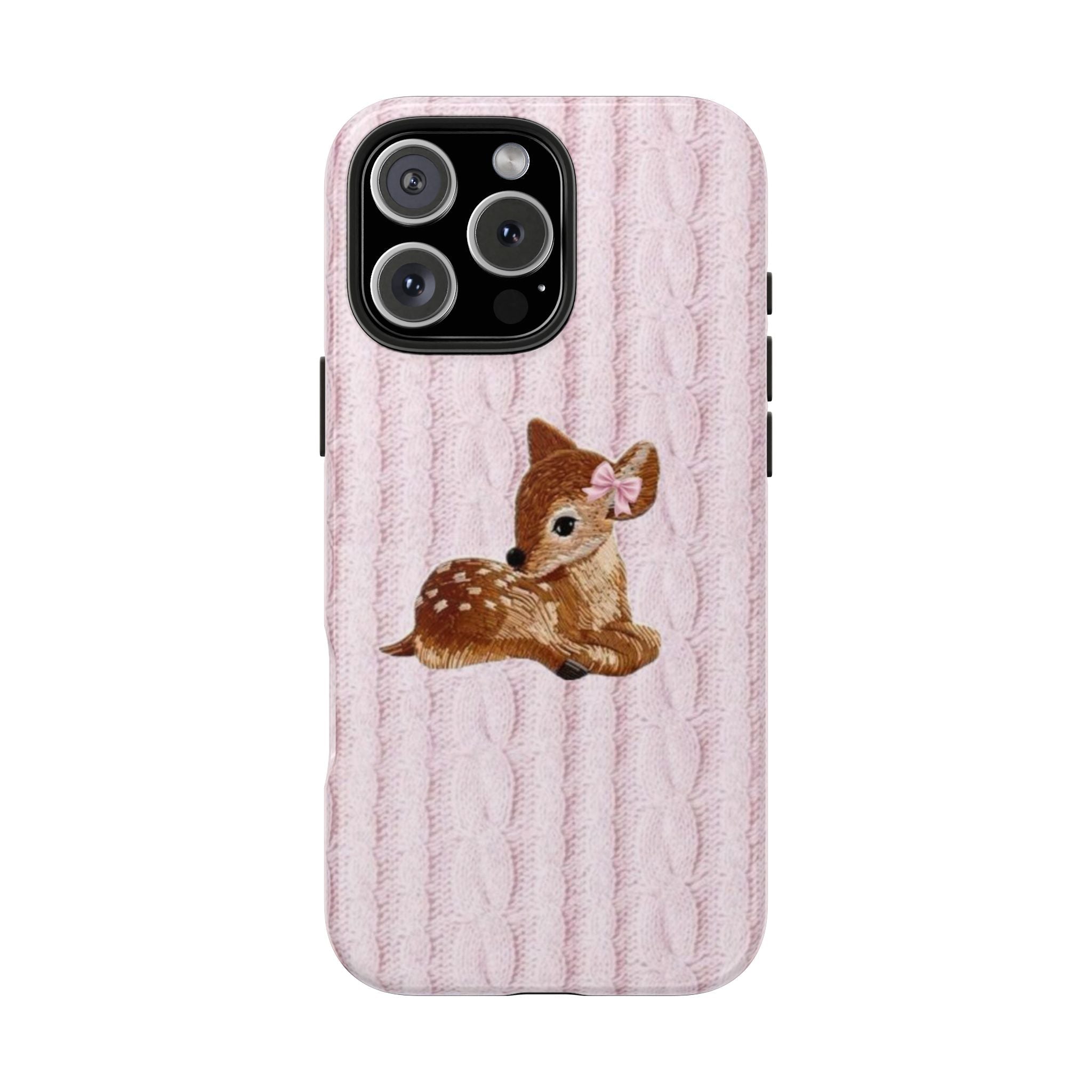 Pink knit phone case featuring deer bunny with pink bow, centered on back and cameras