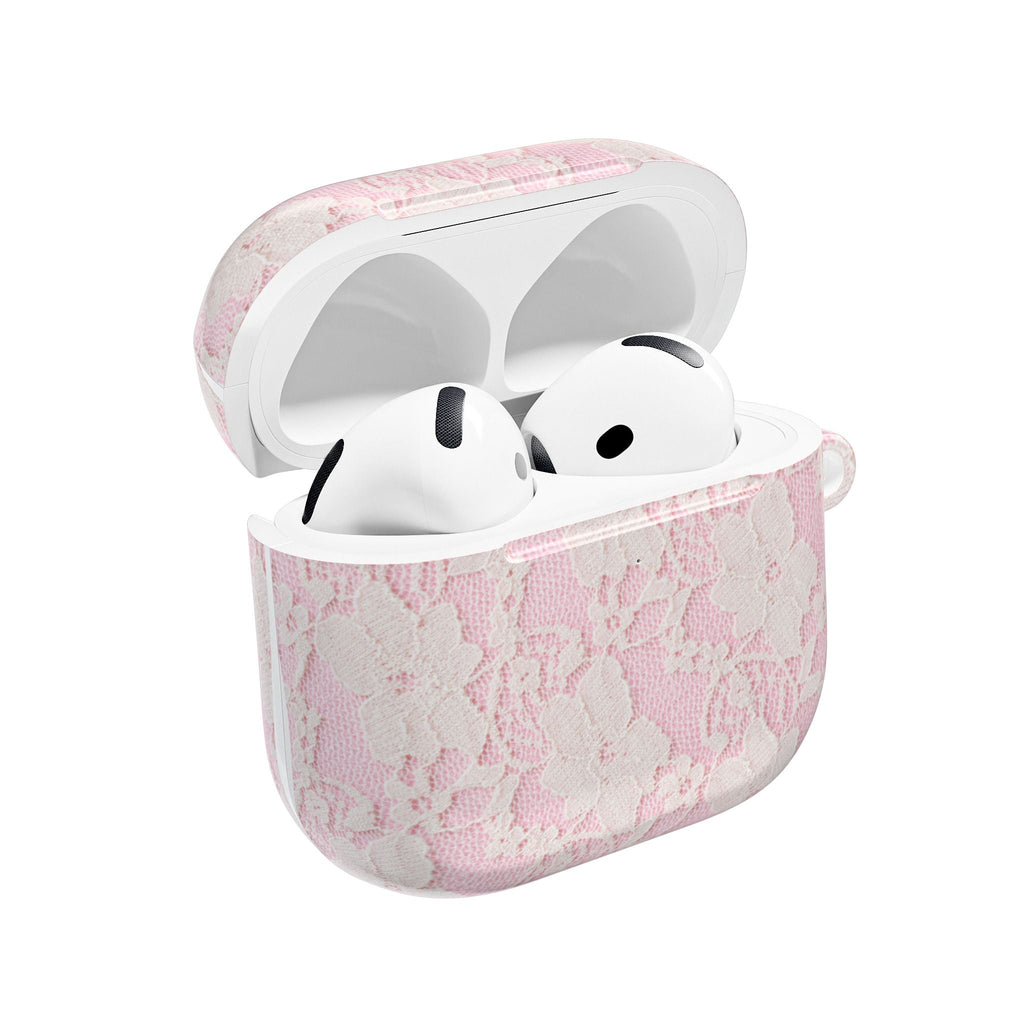 Pink lace AirPod case, lid open with earbuds inside