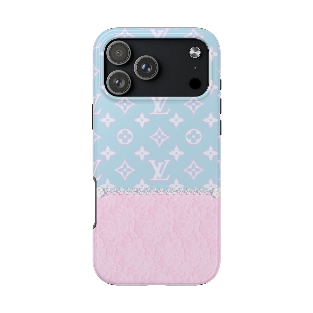 Light blue phone case with pink lace bottom and LV-style monogram pattern