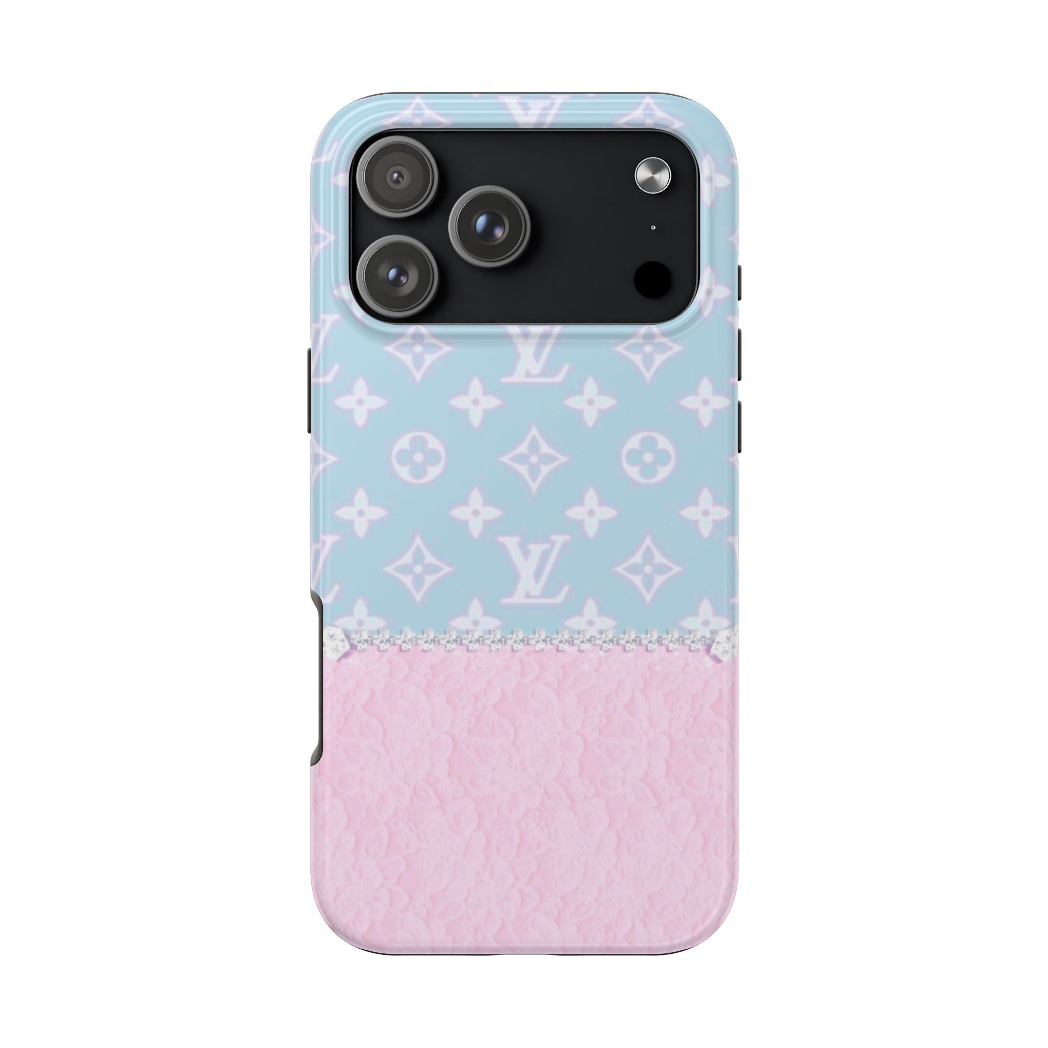Light blue phone case with pink lace bottom and LV-style monogram pattern
